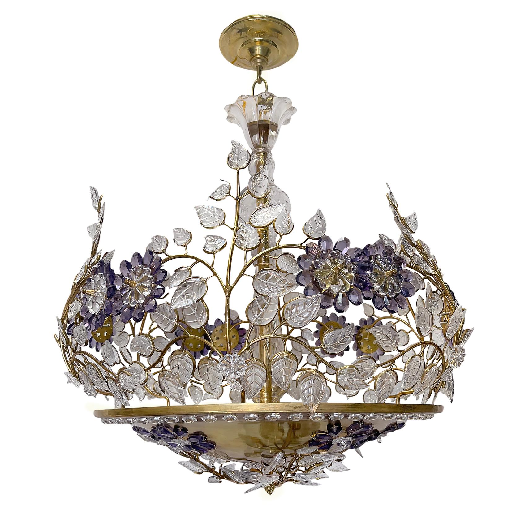 Gilt Pair of French Chandeliers with Amethyst Flowers For Sale
