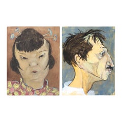 Pair of French Character Portraits, Brown and Navy Backgrounds