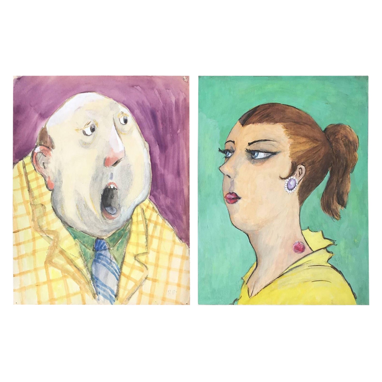 Pair of French Character Portraits, Purple and Green Backgrounds
