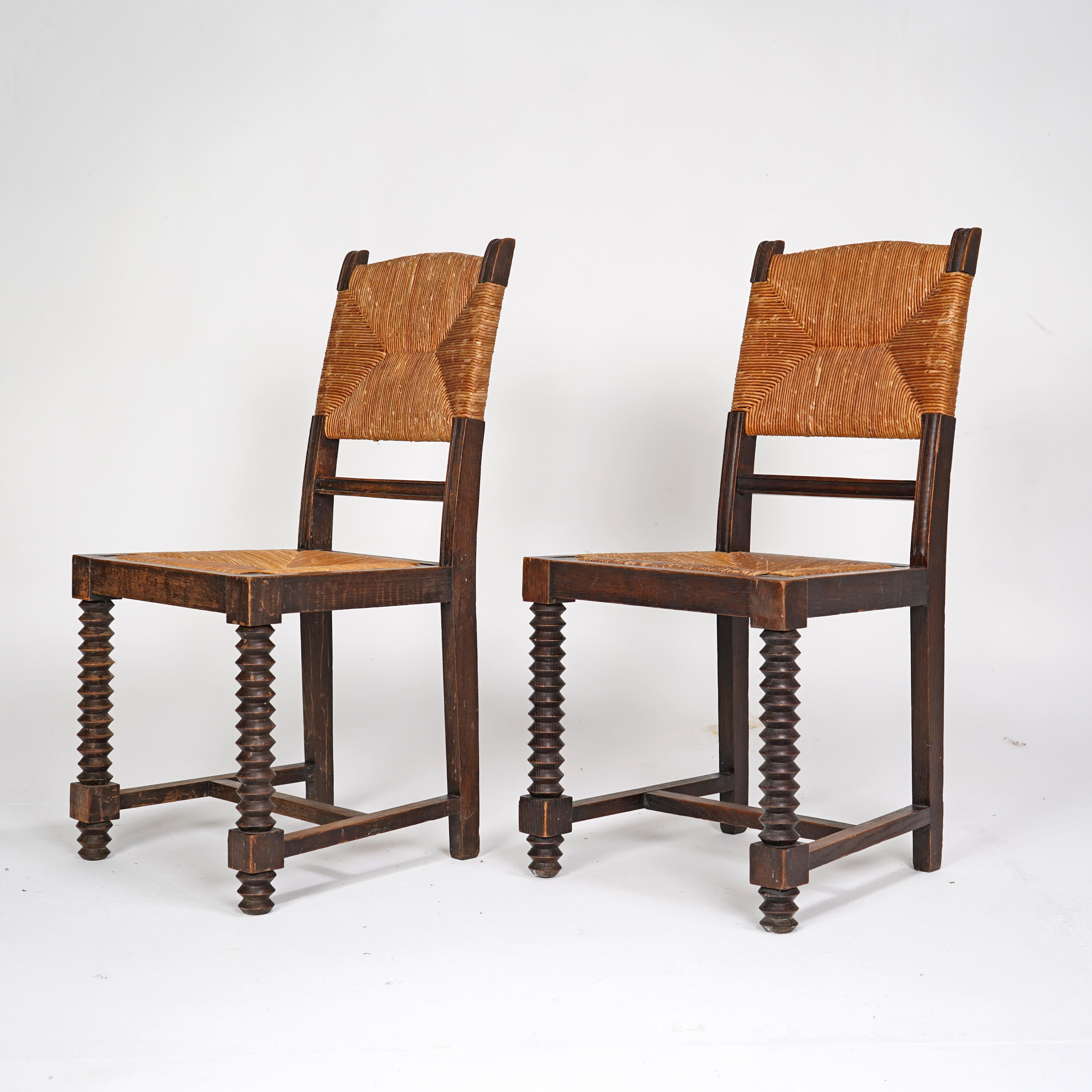 Mid-Century Modern Pair Of French Charles Dudouyt Style Chairs - Wooden with Rush Seat For Sale