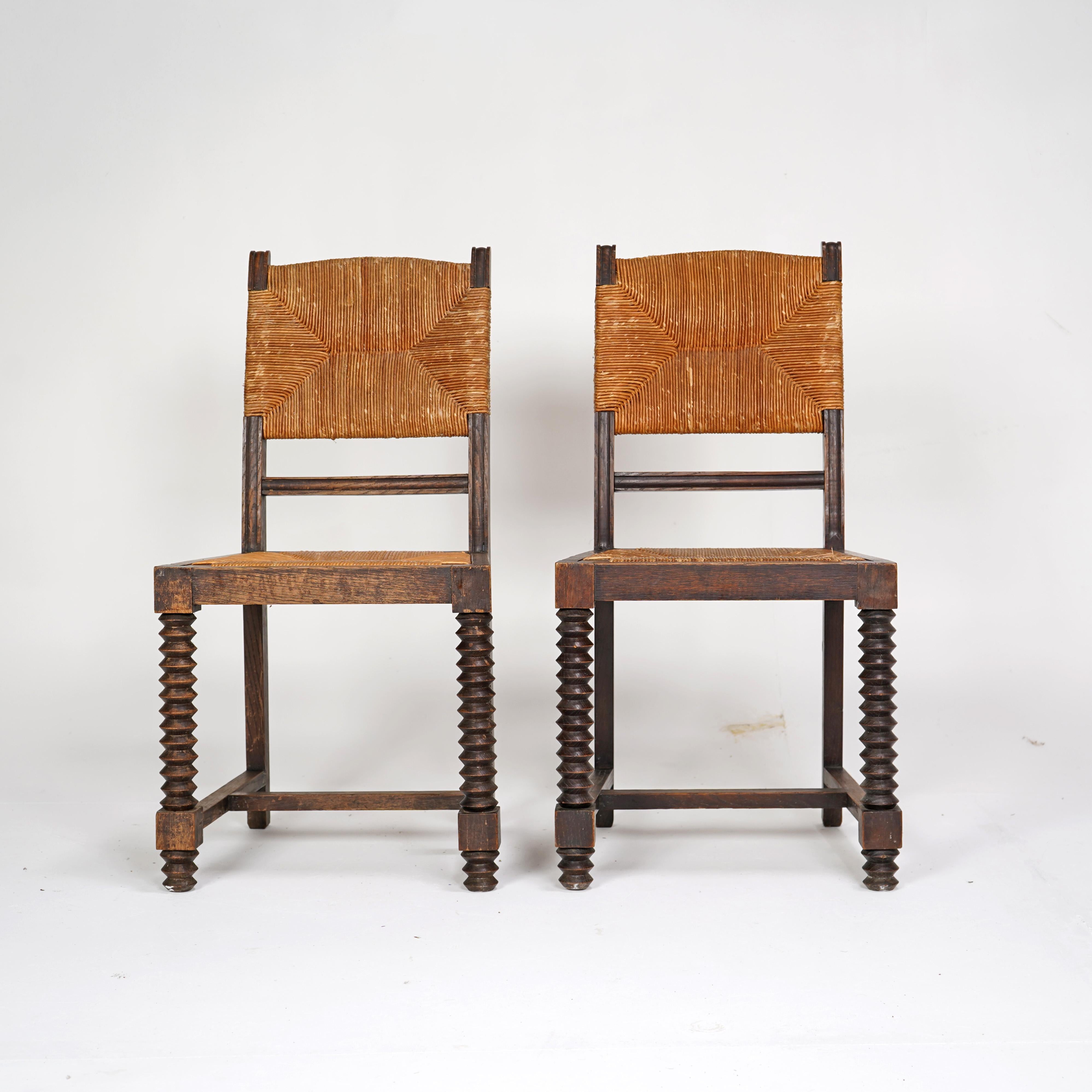 Pair Of French Charles Dudouyt Style Chairs - Wooden with Rush Seat In Good Condition For Sale In Dorchester, GB