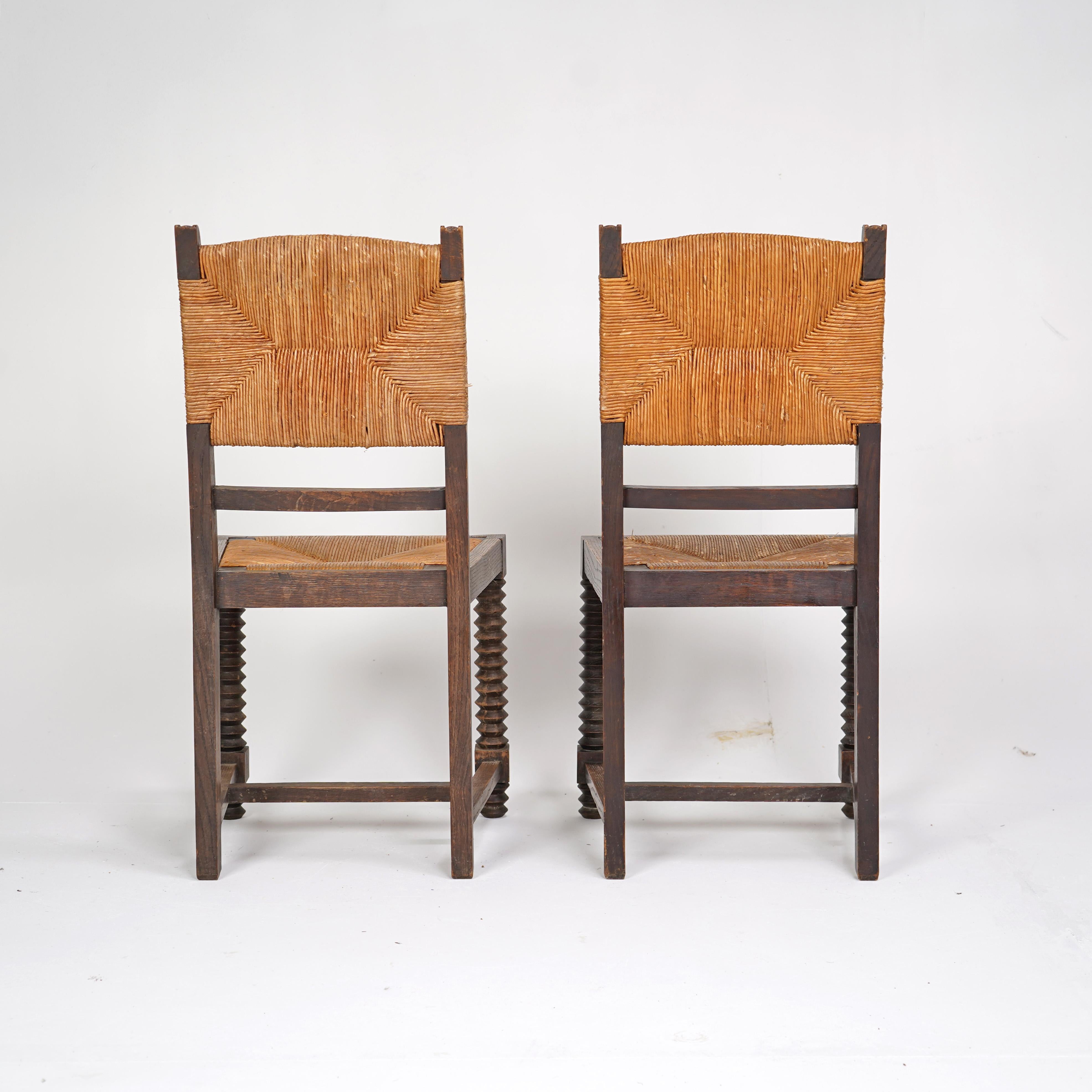 Pair Of French Charles Dudouyt Style Chairs - Wooden with Rush Seat For Sale 1