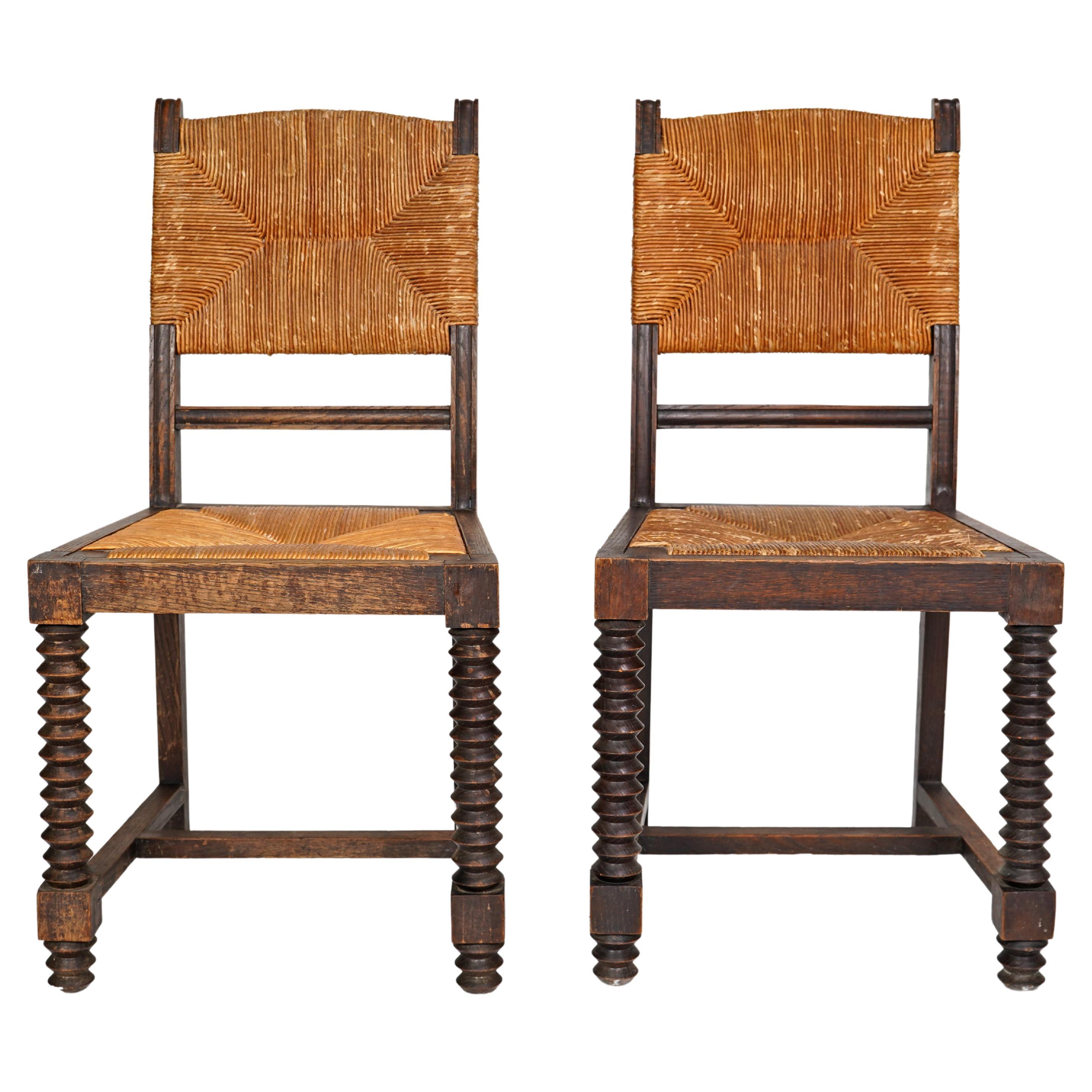 Pair Of French Charles Dudouyt Style Chairs - Wooden with Rush Seat