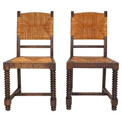 Retro Pair Of French Charles Dudouyt Style Chairs - Wooden with Rush Seat