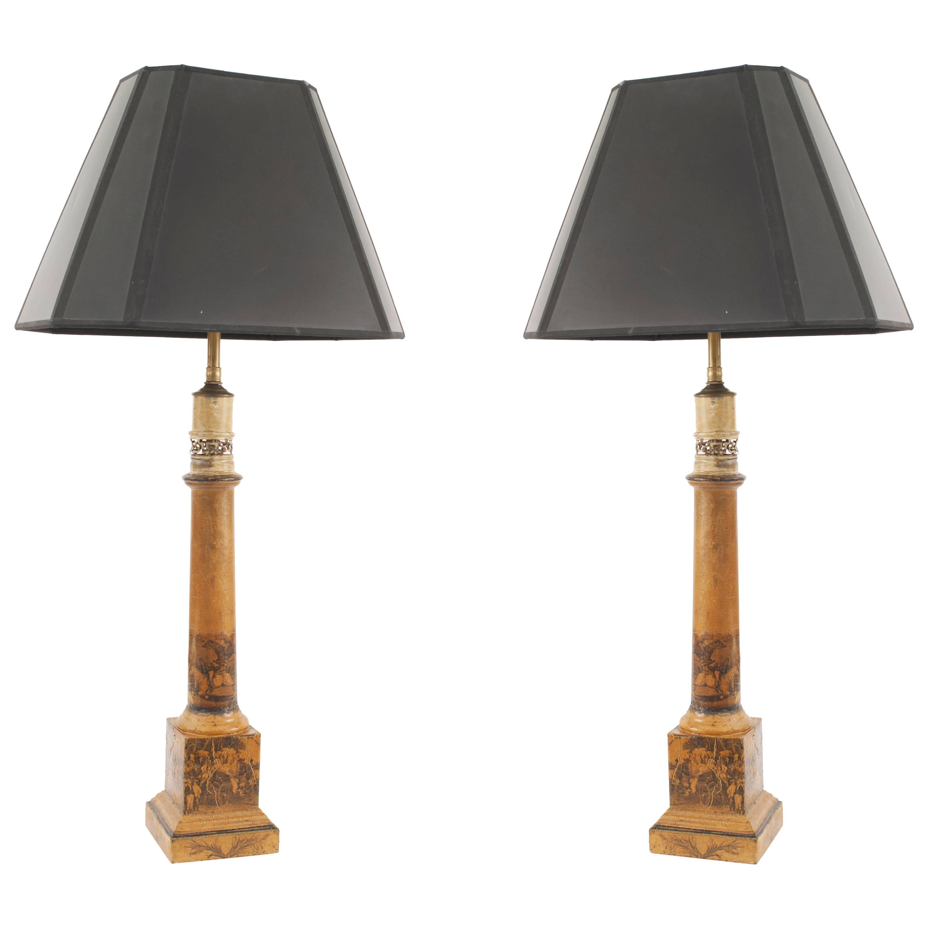 Pair of French Charles X Column Form Table Lamps