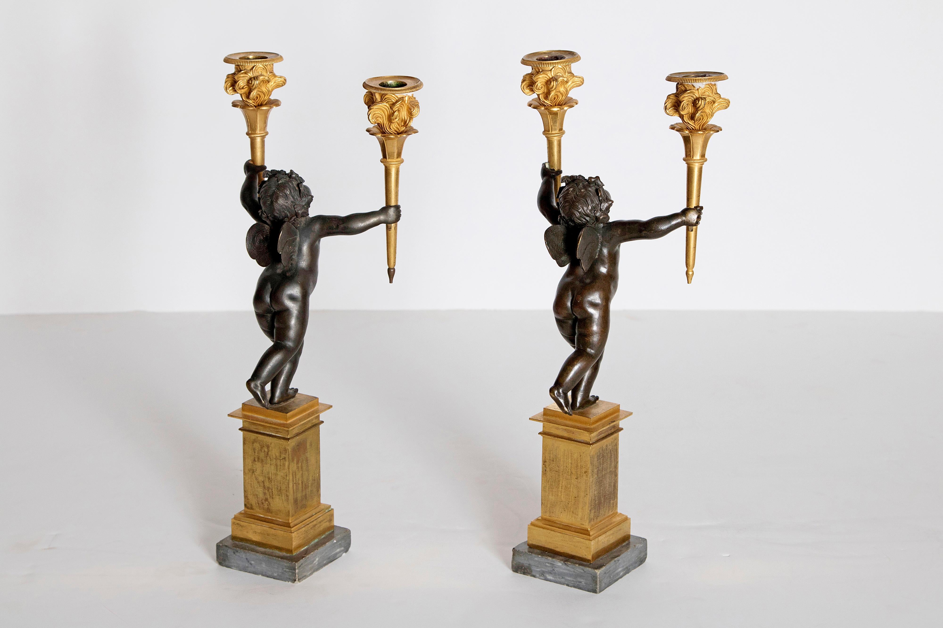 Pair of French Charles X Patinated Bronze and Gilt Figurative Candelabras For Sale 2