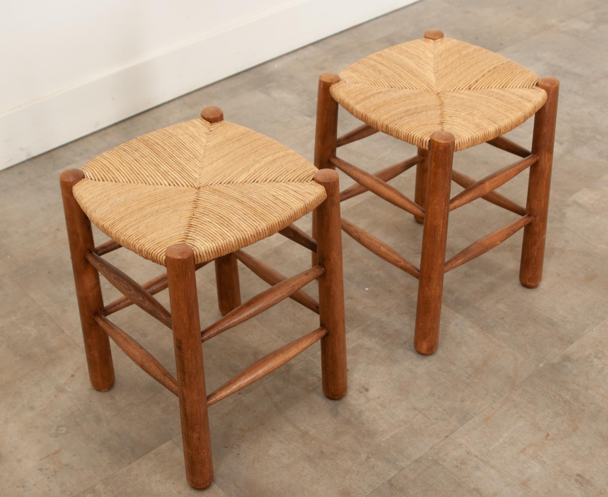 Hand-Carved Pair of French Charlotte Perriand Style Stools