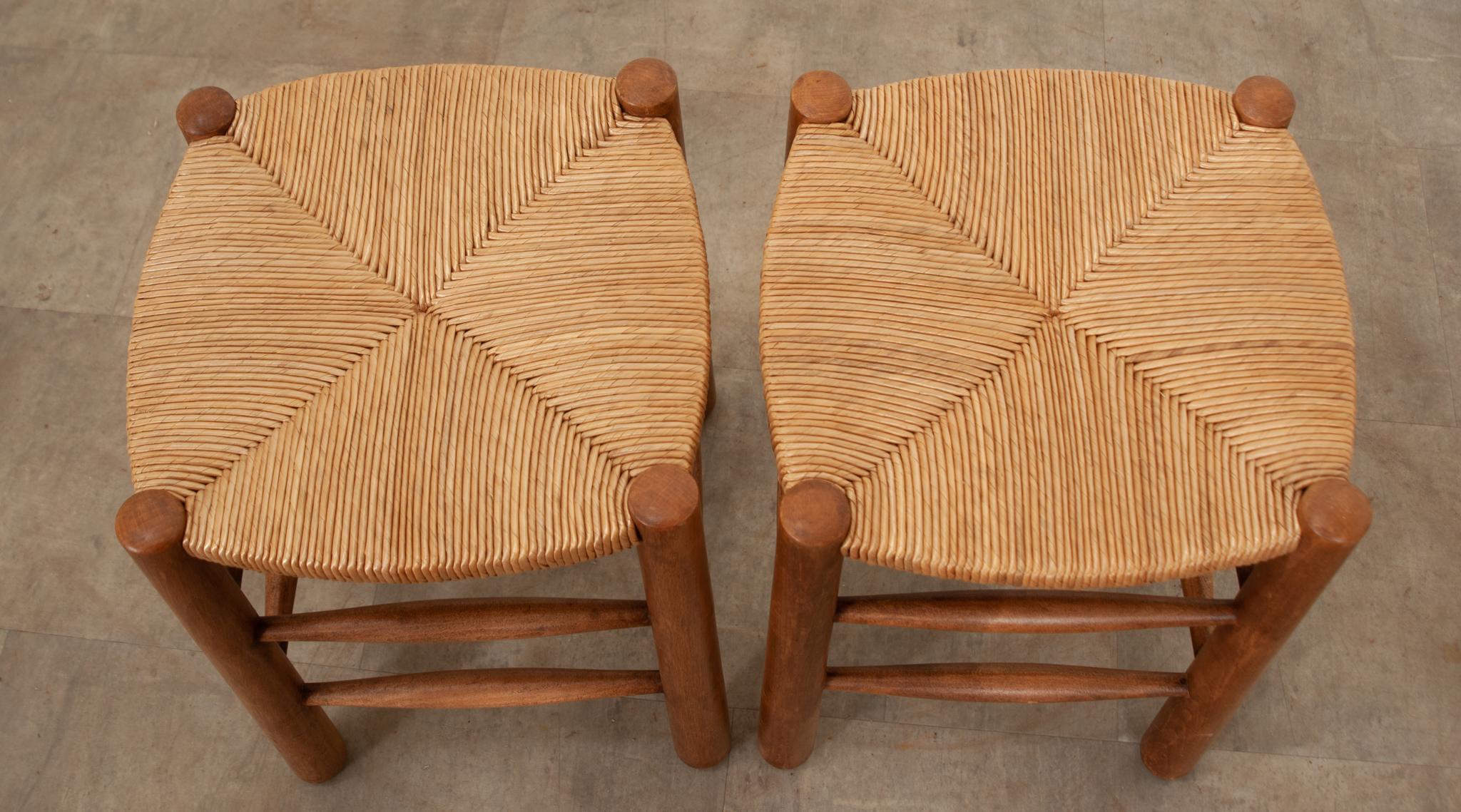 Rush Pair of French Charlotte Perriand Style Stools