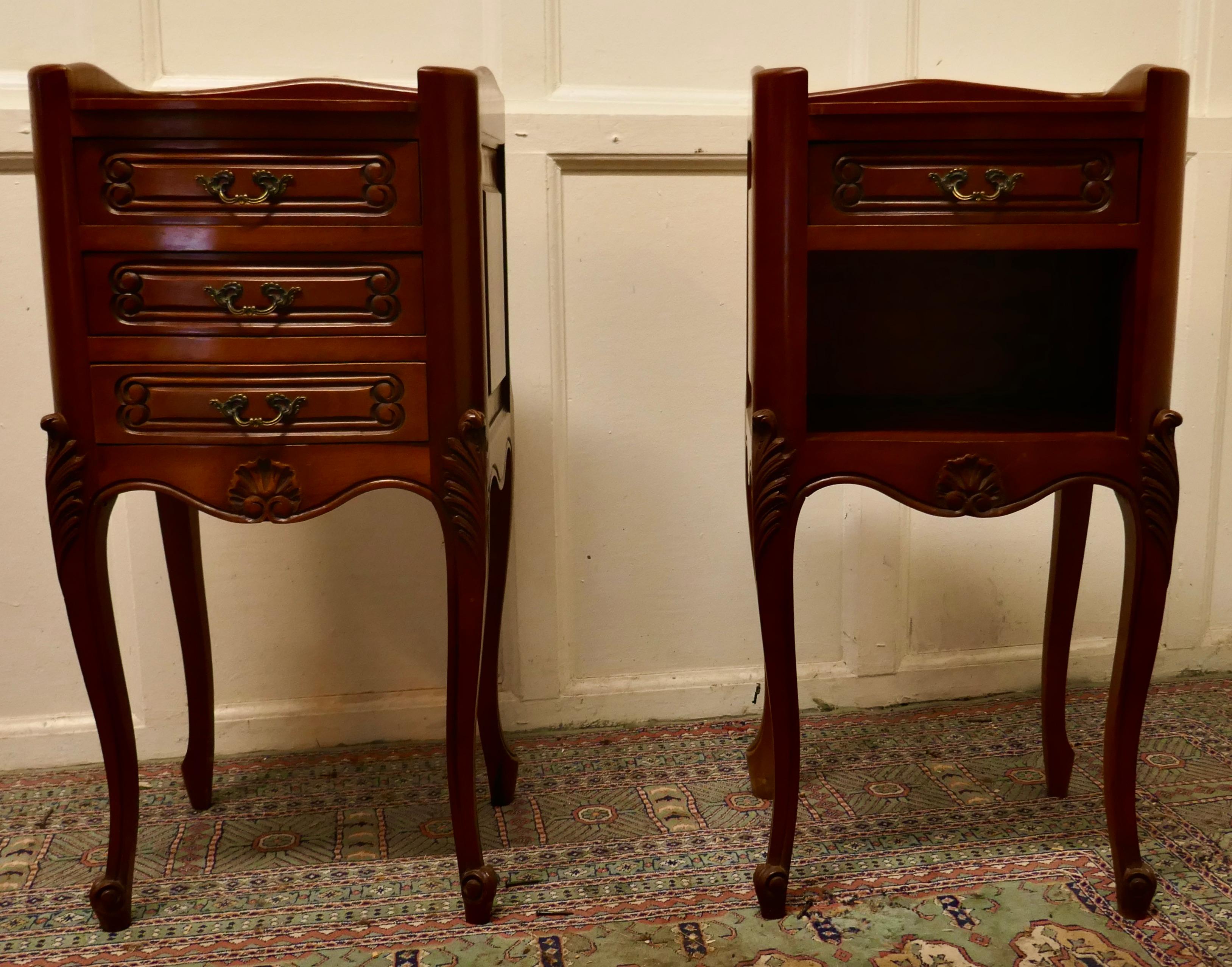Pair of French cherry wood bedside cabinets or cupboards

This is a pretty pair of cabinets or chevets, they have slightly bow front shape to their fronts and a scalloped gallery around the top, they stand on very elegant cabriole legs with carved