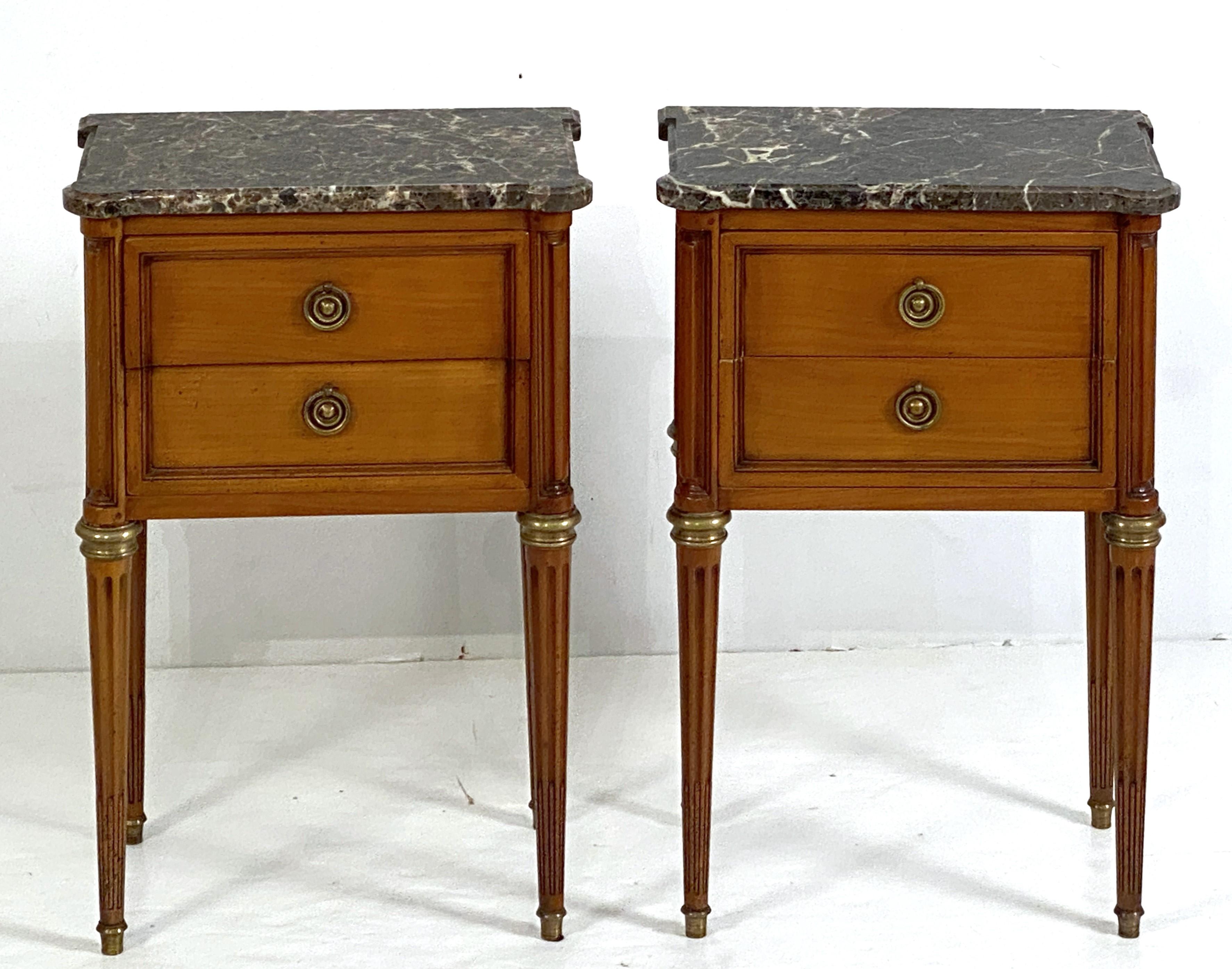 Pair of French Cherrywood Nightstands or Bedside Tables with Marble Tops In Good Condition For Sale In Austin, TX