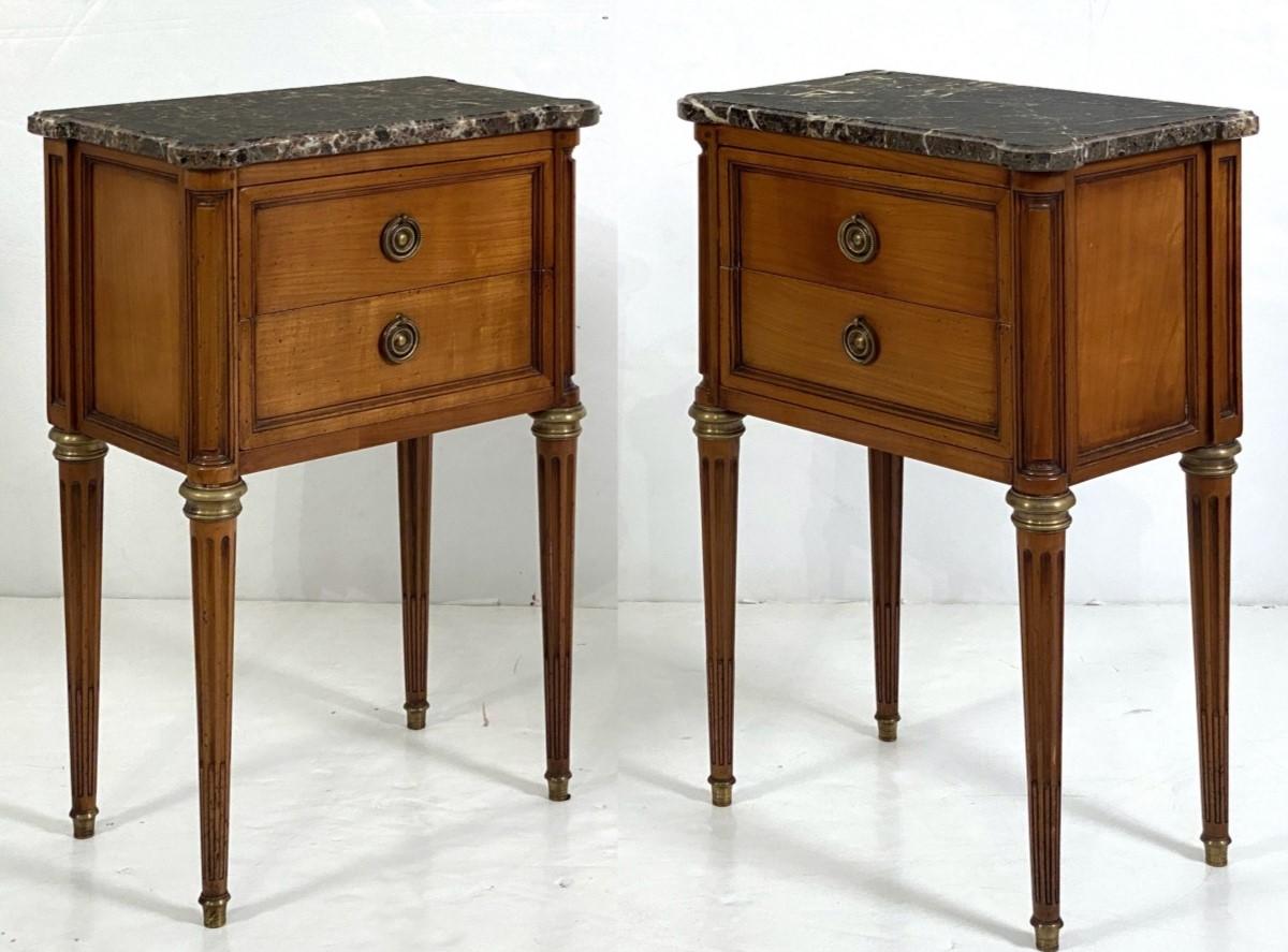 20th Century Pair of French Cherrywood Nightstands or Bedside Tables with Marble Tops For Sale