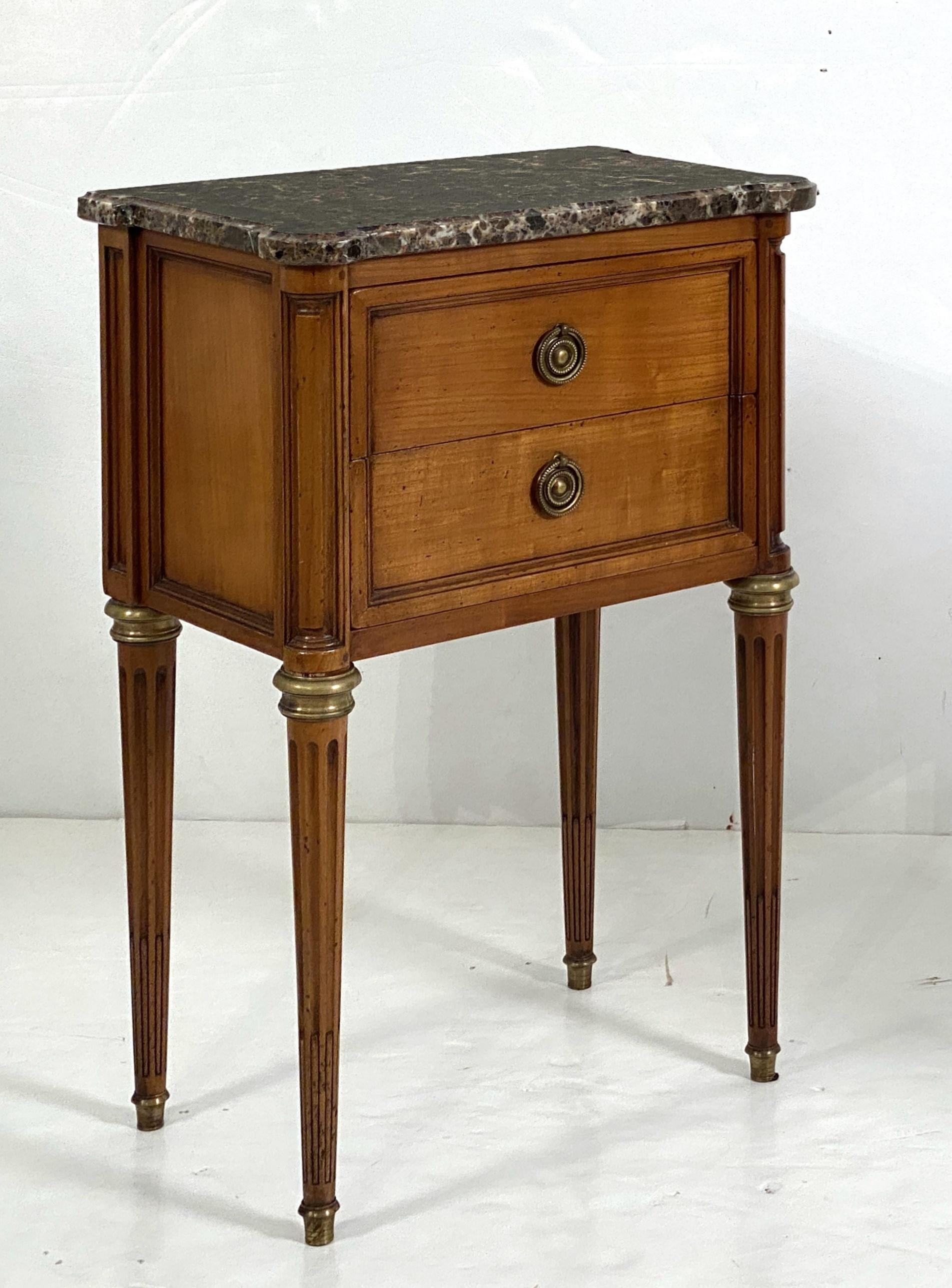 Brass Pair of French Cherrywood Nightstands or Bedside Tables with Marble Tops For Sale
