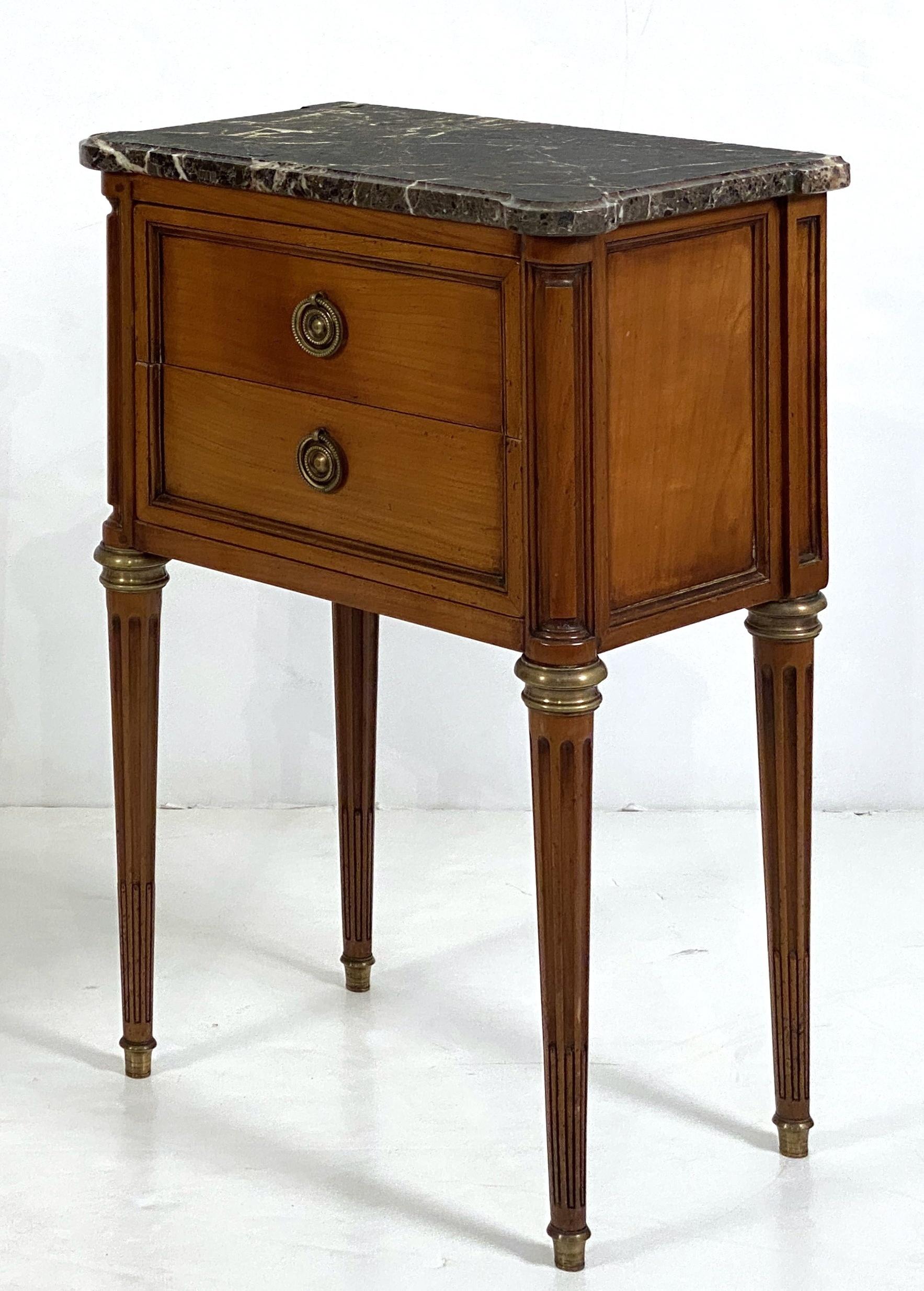 Pair of French Cherrywood Nightstands or Bedside Tables with Marble Tops For Sale 1