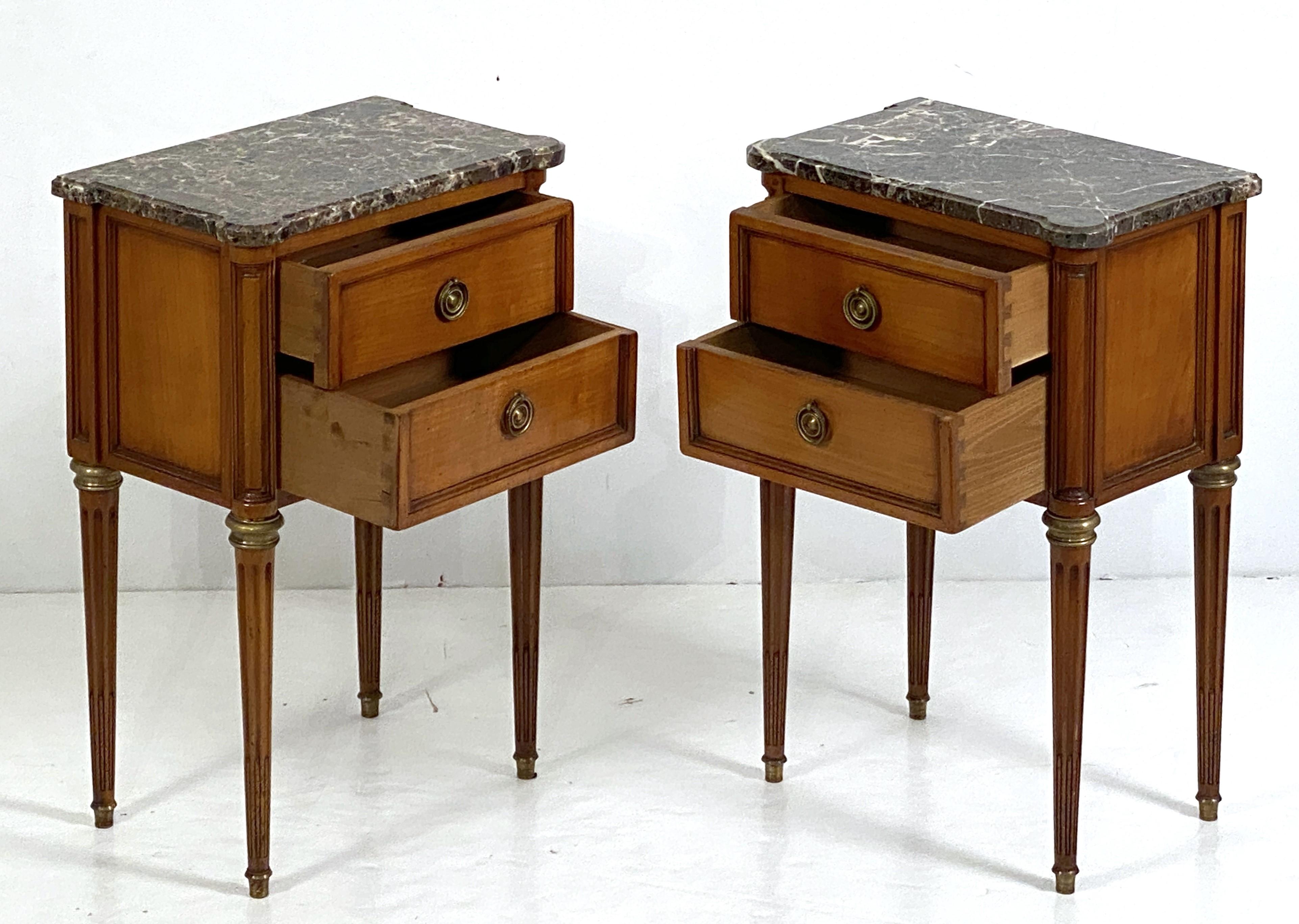 Pair of French Cherrywood Nightstands or Bedside Tables with Marble Tops For Sale 2