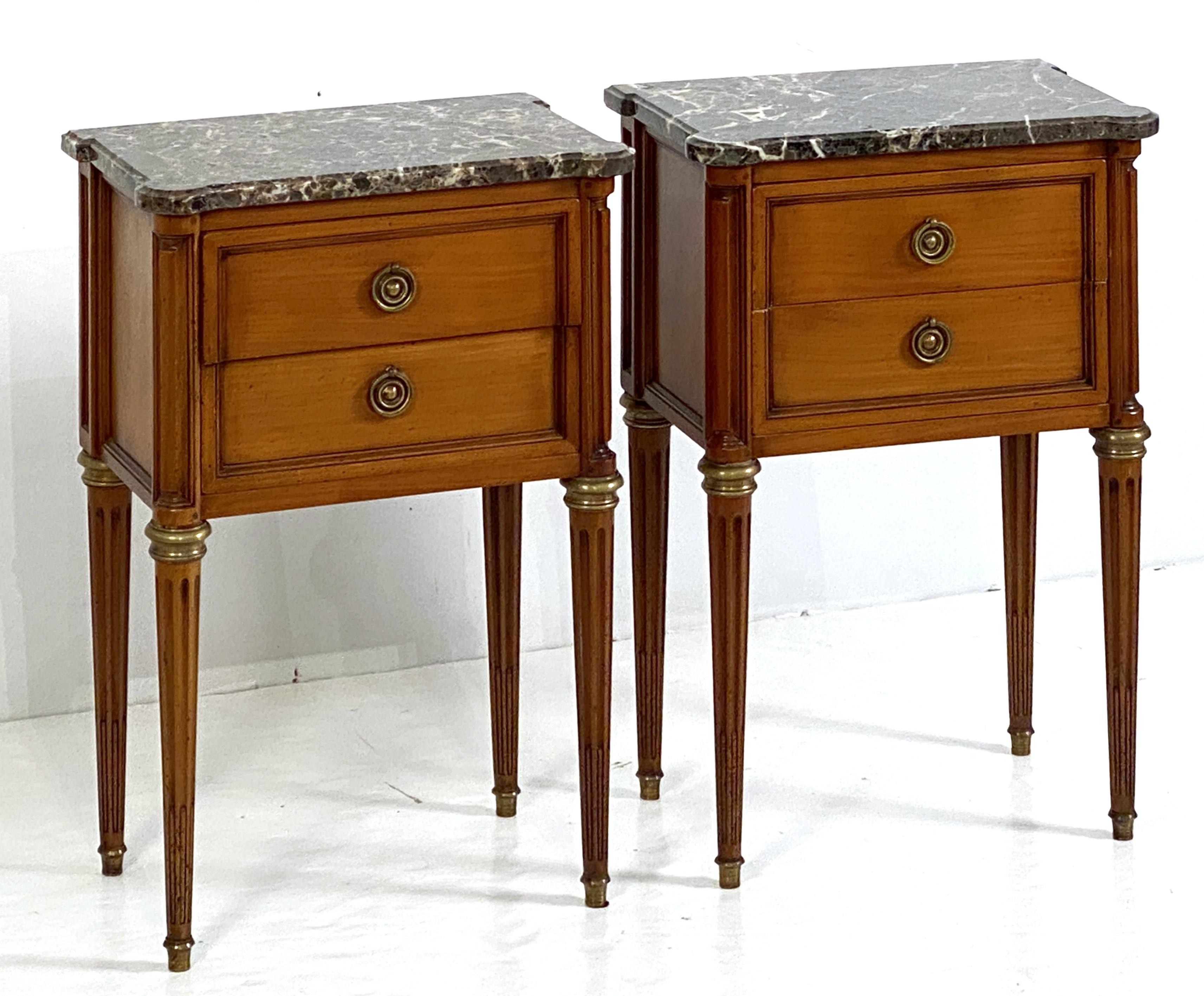 Pair of French Cherrywood Nightstands or Bedside Tables with Marble Tops For Sale 3