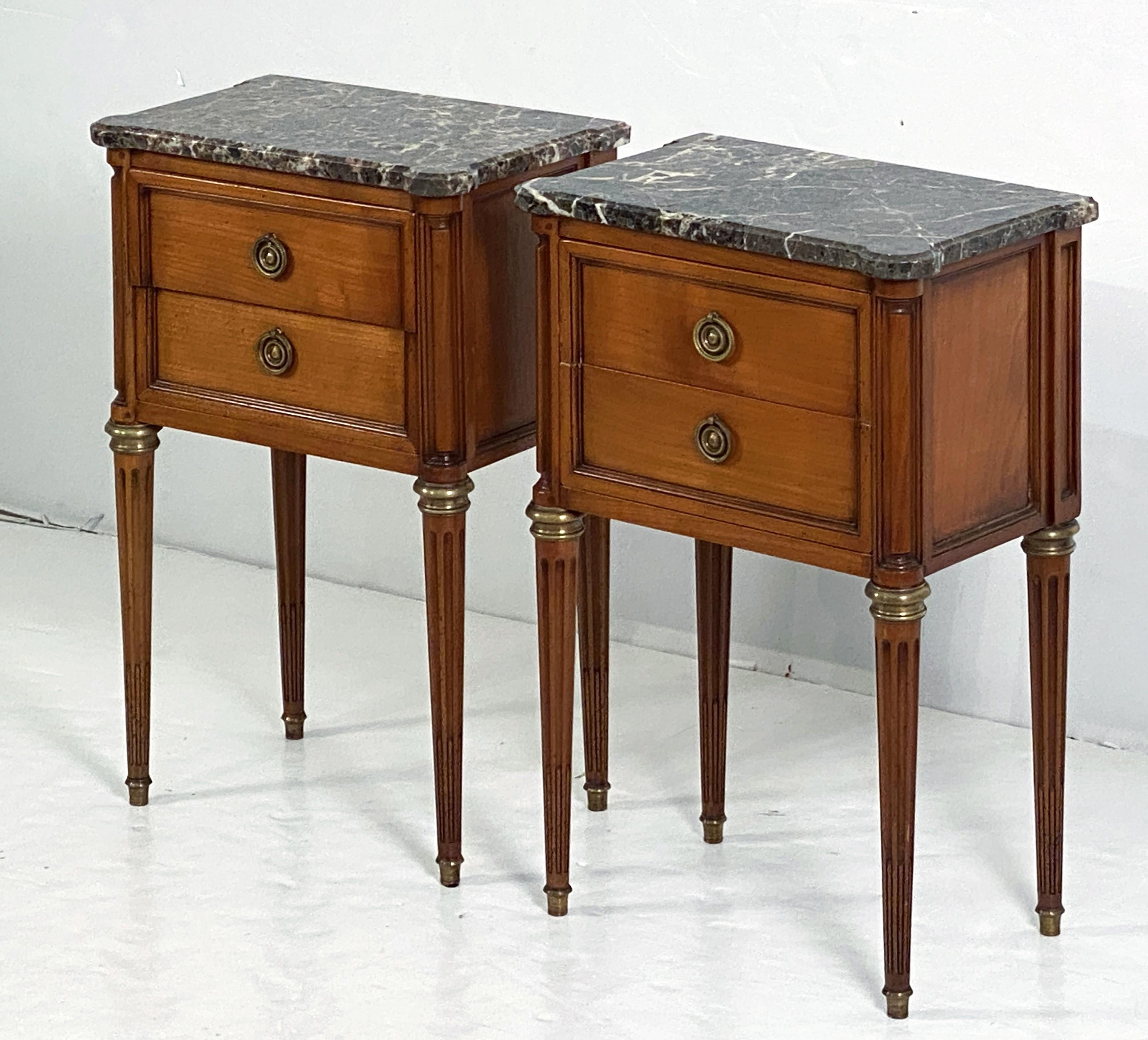 Pair of French Cherrywood Nightstands or Bedside Tables with Marble Tops For Sale 4