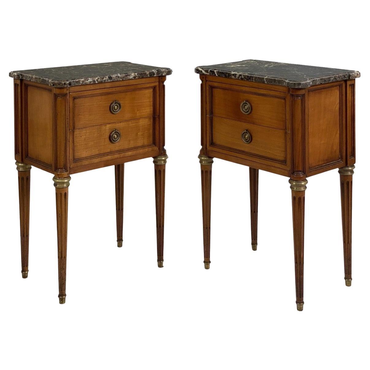 Pair of French Cherrywood Nightstands or Bedside Tables with Marble Tops