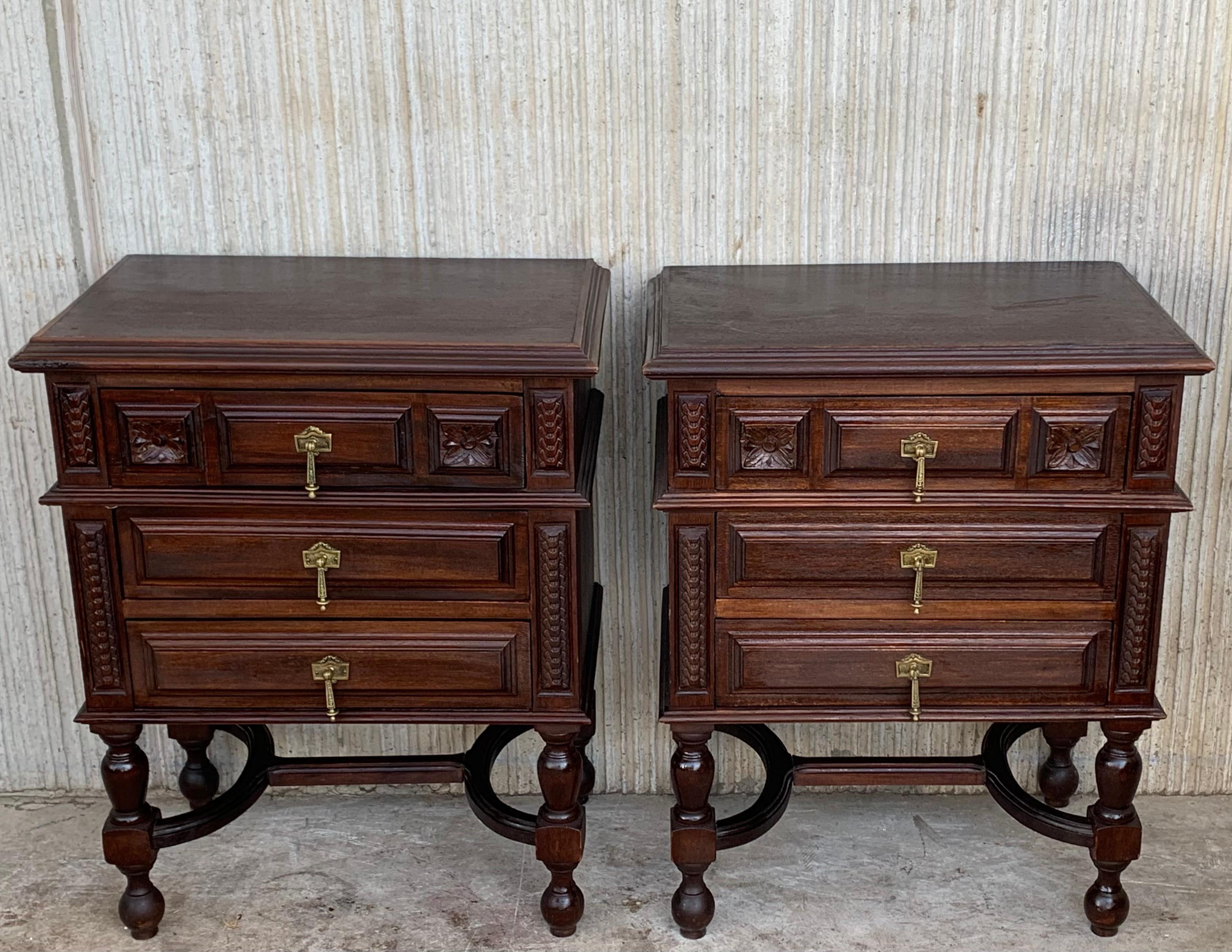 French Provincial Pair of French Chestnut Bedside Nightstands with Three Drawer, Late 19th Century