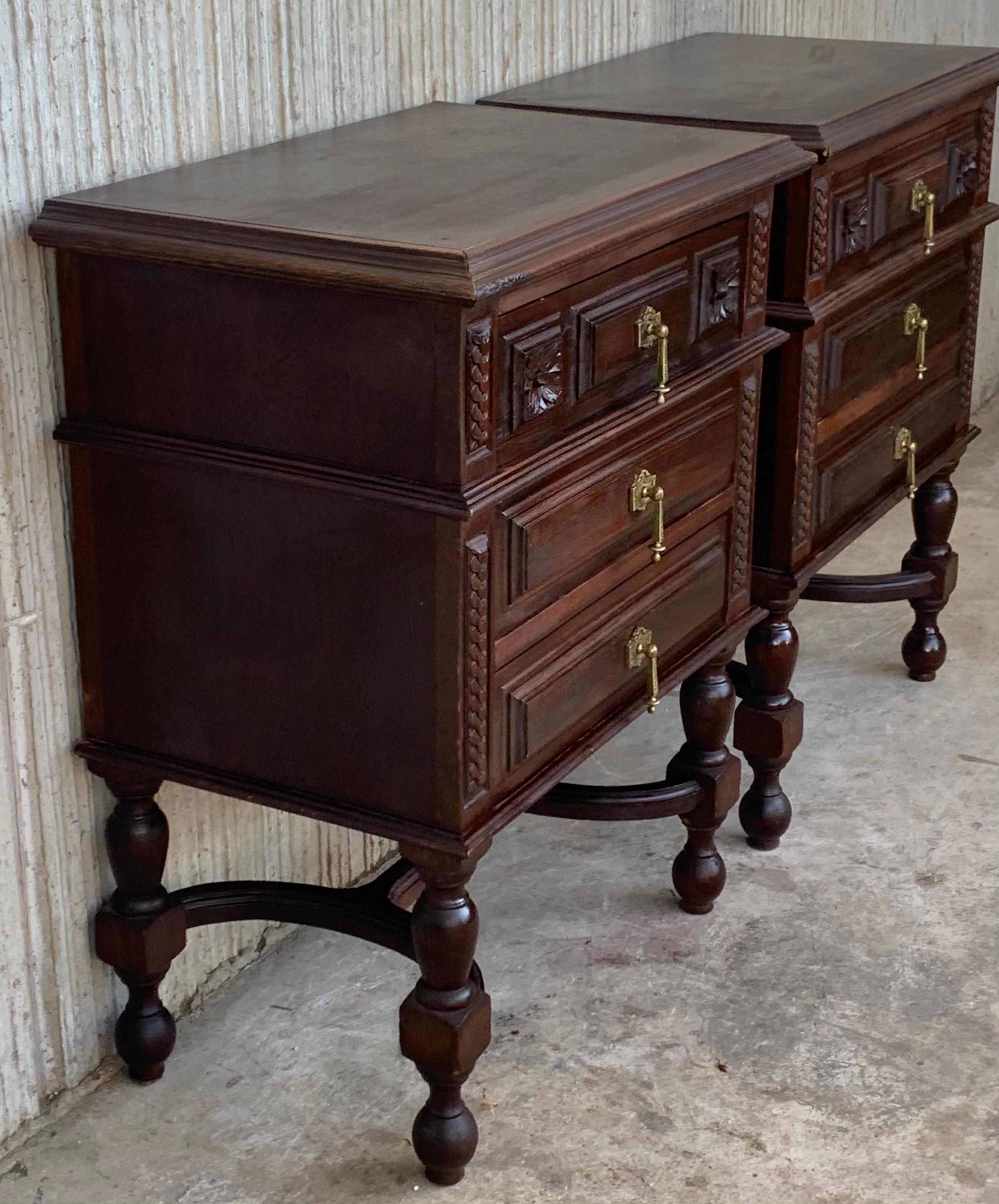 Pair of French Chestnut Bedside Nightstands with Three Drawer, Late 19th Century 1