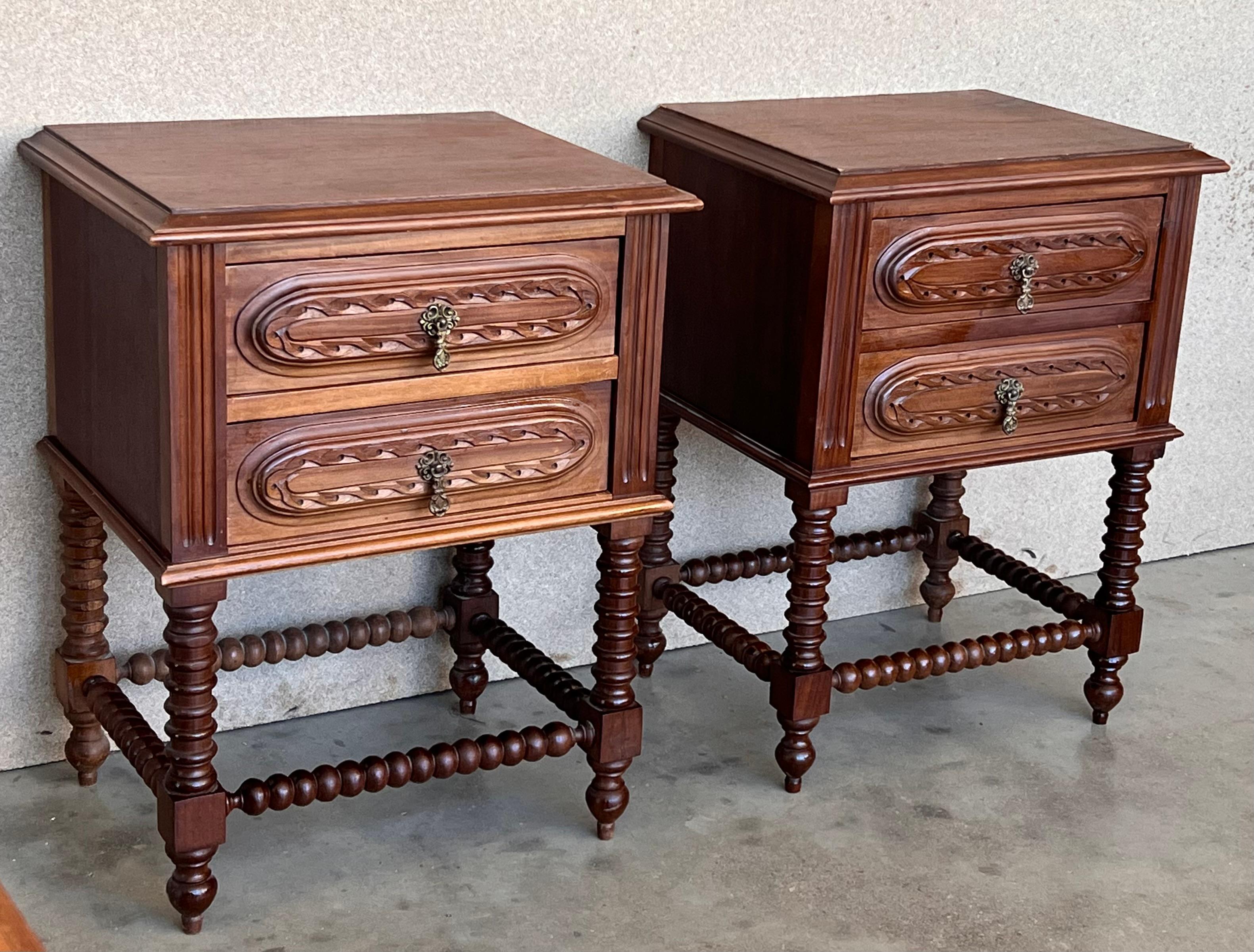 French Provincial Pair of French Chestnut Bedside Nightstands with Two Drawers, Late 19th Century