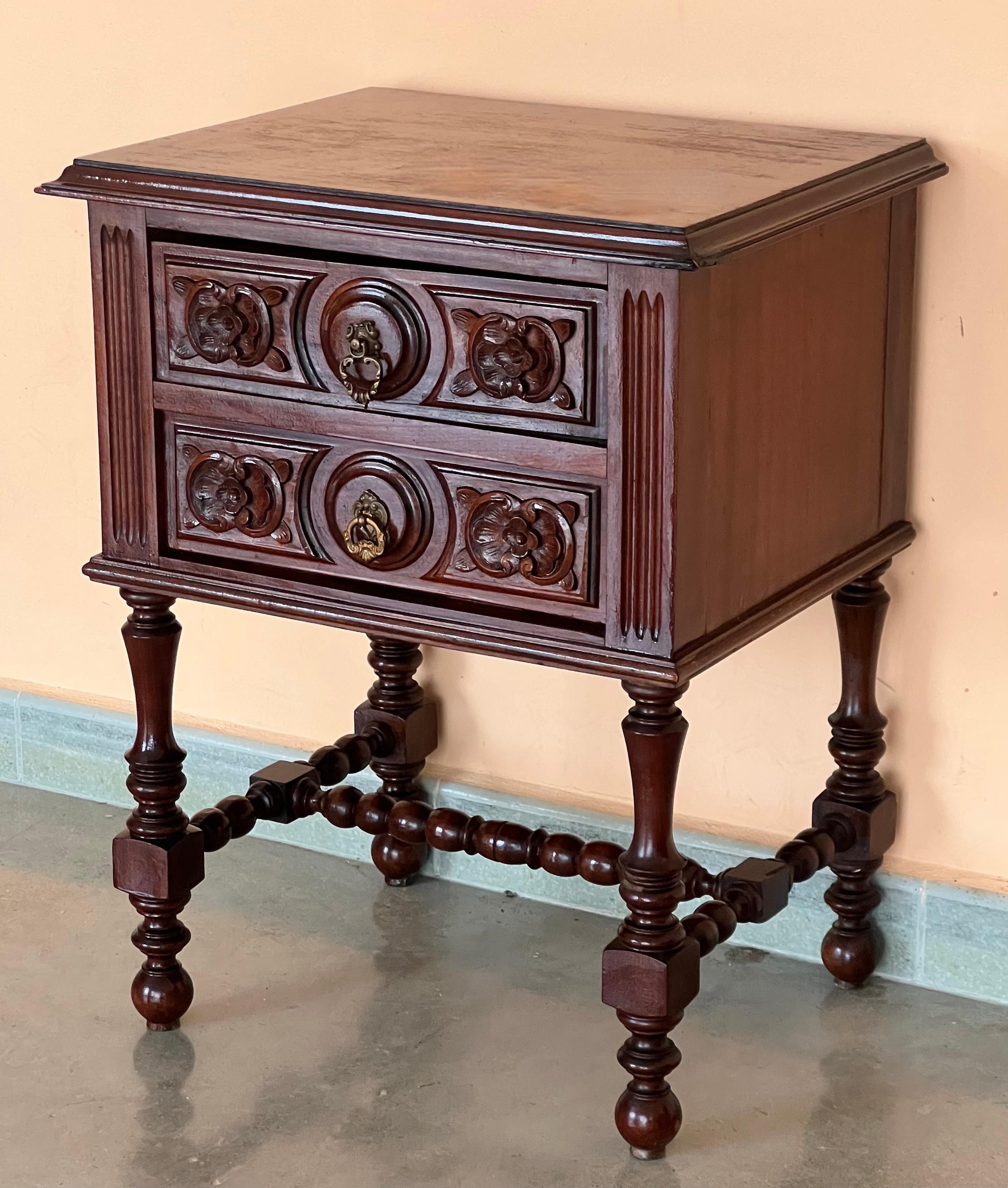 Pair of French Chestnut Bedside Nightstands with Two Drawers, Late 19th Century For Sale 1