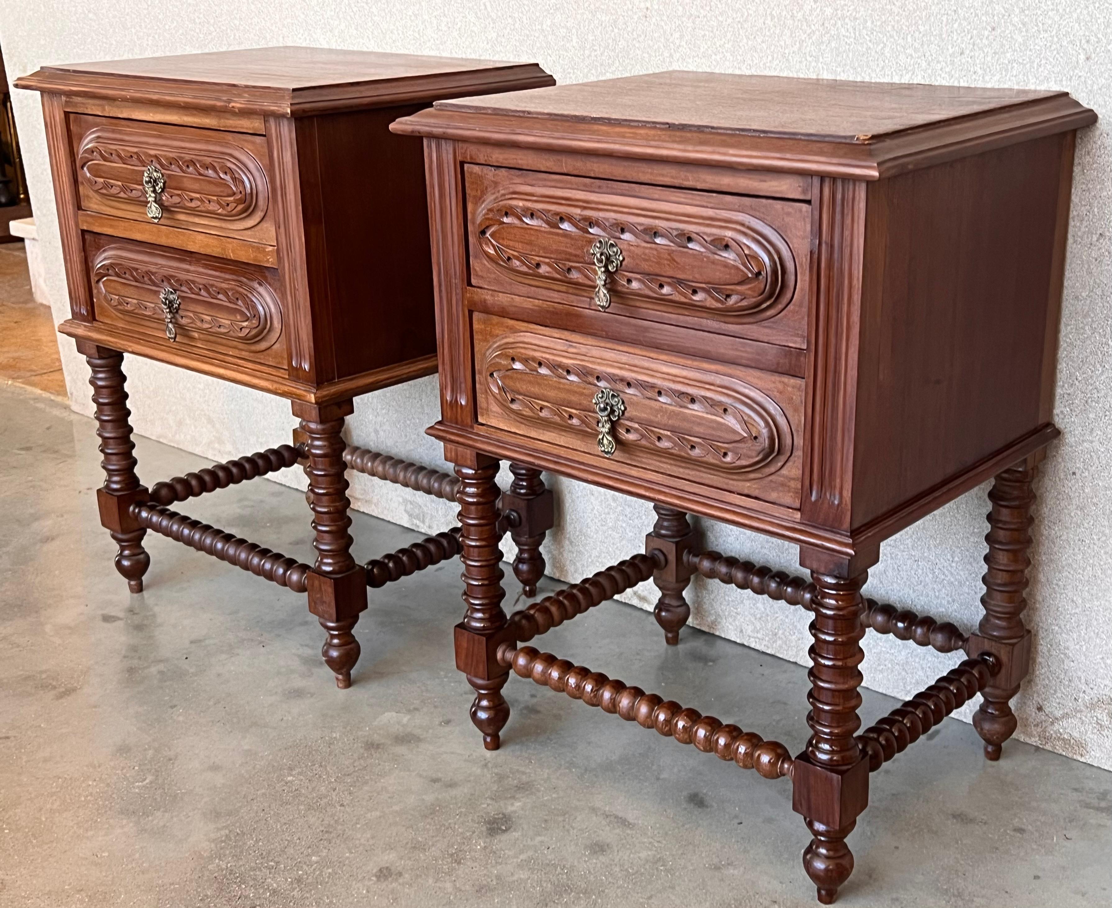 Pair of French Chestnut Bedside Nightstands with Two Drawers, Late 19th Century 2
