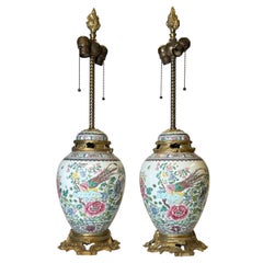 Pair of French Chinese Export Style Porcelain and Gilt Bronze Table Lamps