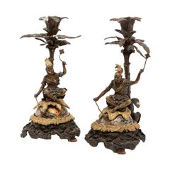 Pair of French Chinoiserie Gilt Bronze Figural Candlesticks, 19th Century