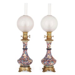 Pair of French Chinoiserie Style Faience, Glass, and Gilt Bronze Lamps