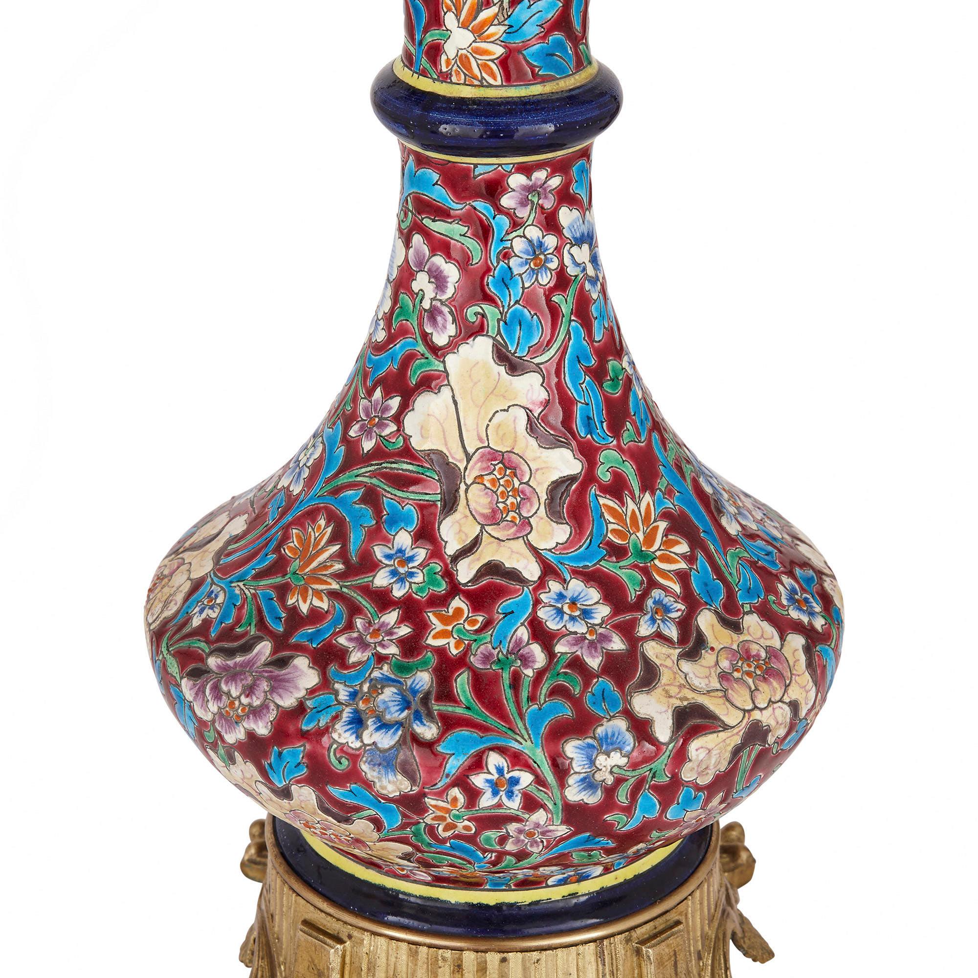 Pair of French Chinoiserie Style Faience, Glass, and Gilt Bronze Lamps In Good Condition For Sale In London, GB