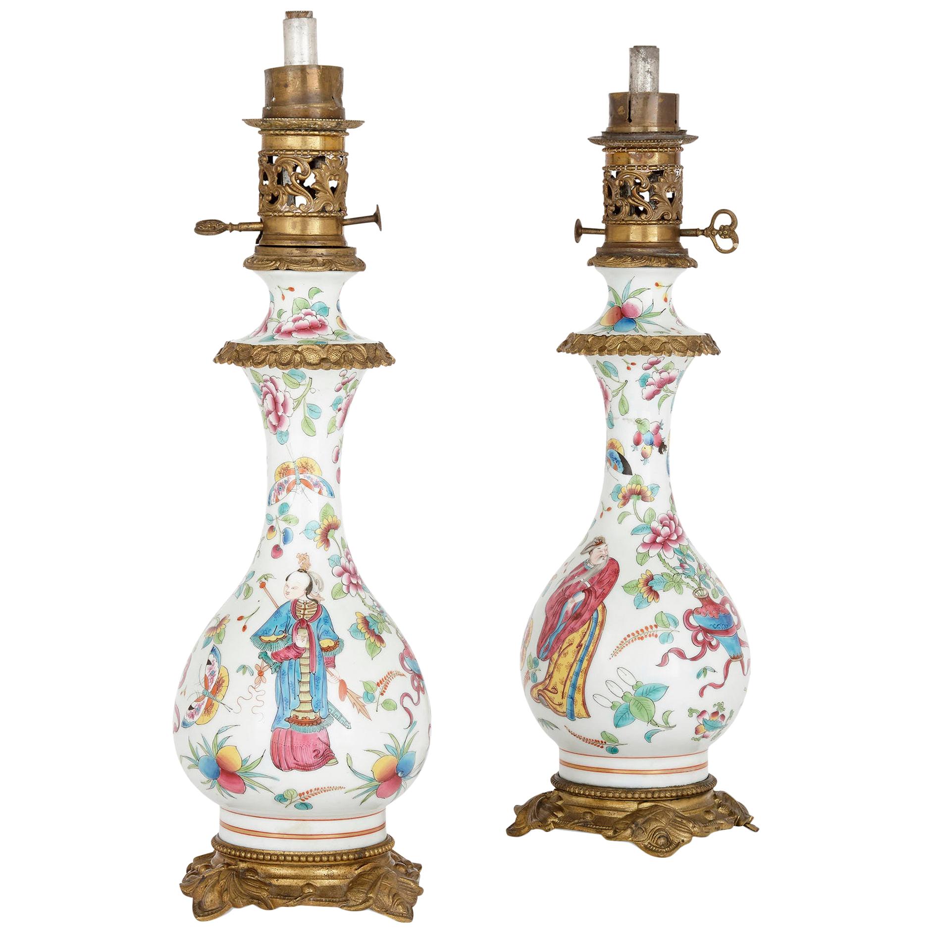 Pair of French Chinoiserie Style Gilt Bronze Mounted Porcelain Oil Lamps For Sale
