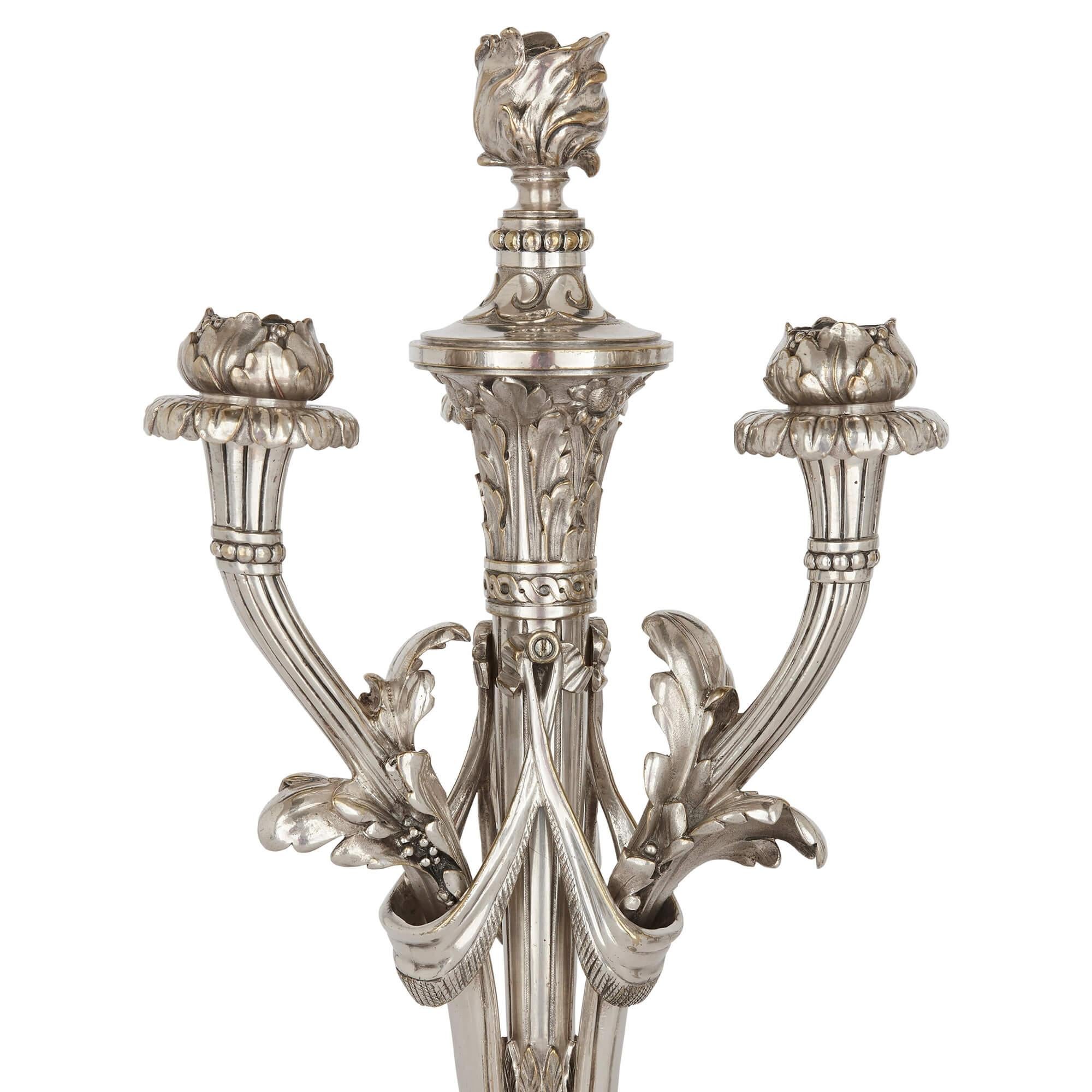 Pair of French Christofle Table Candelabra in Silvered Bronze In Good Condition For Sale In London, GB