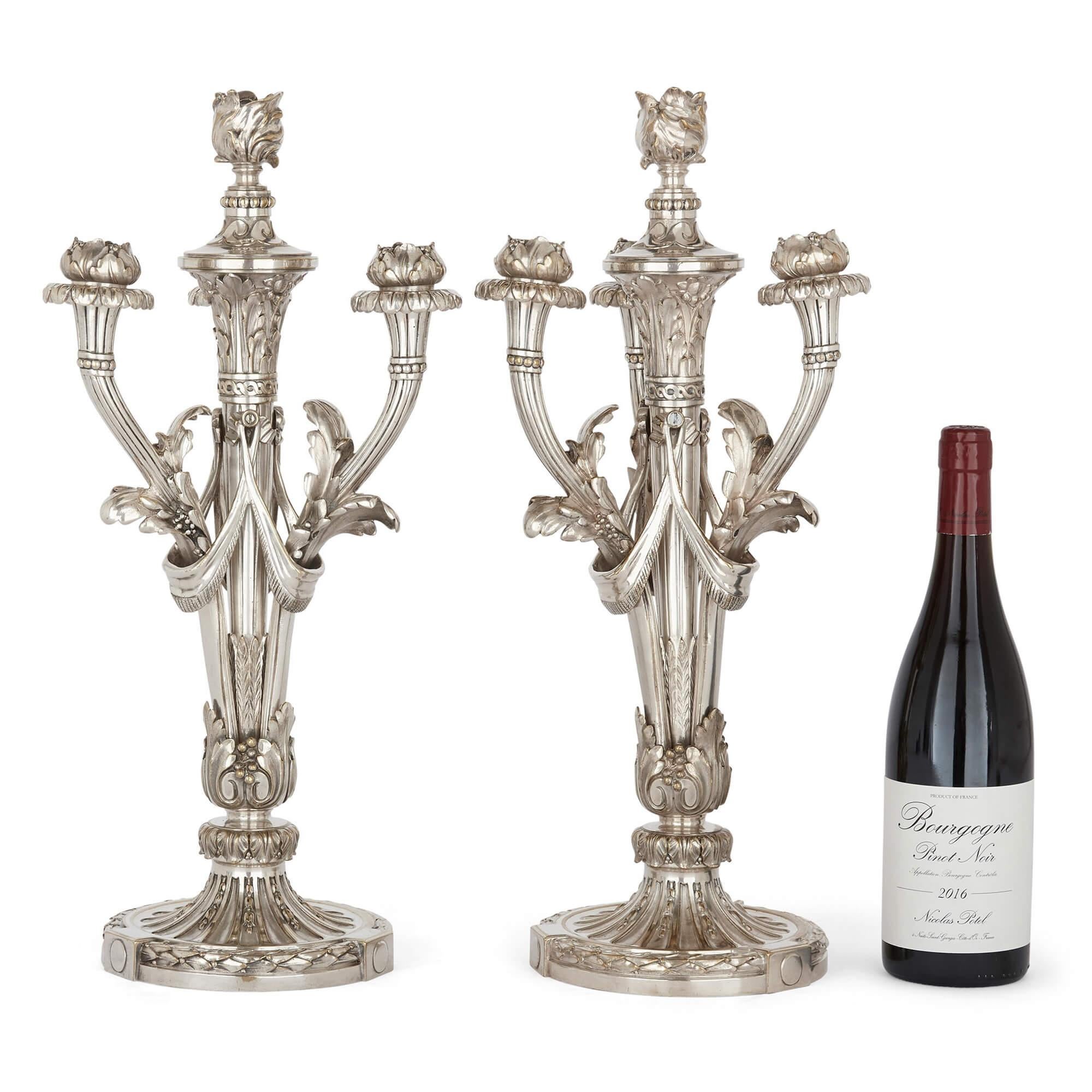 Pair of French Christofle Table Candelabra in Silvered Bronze For Sale 3