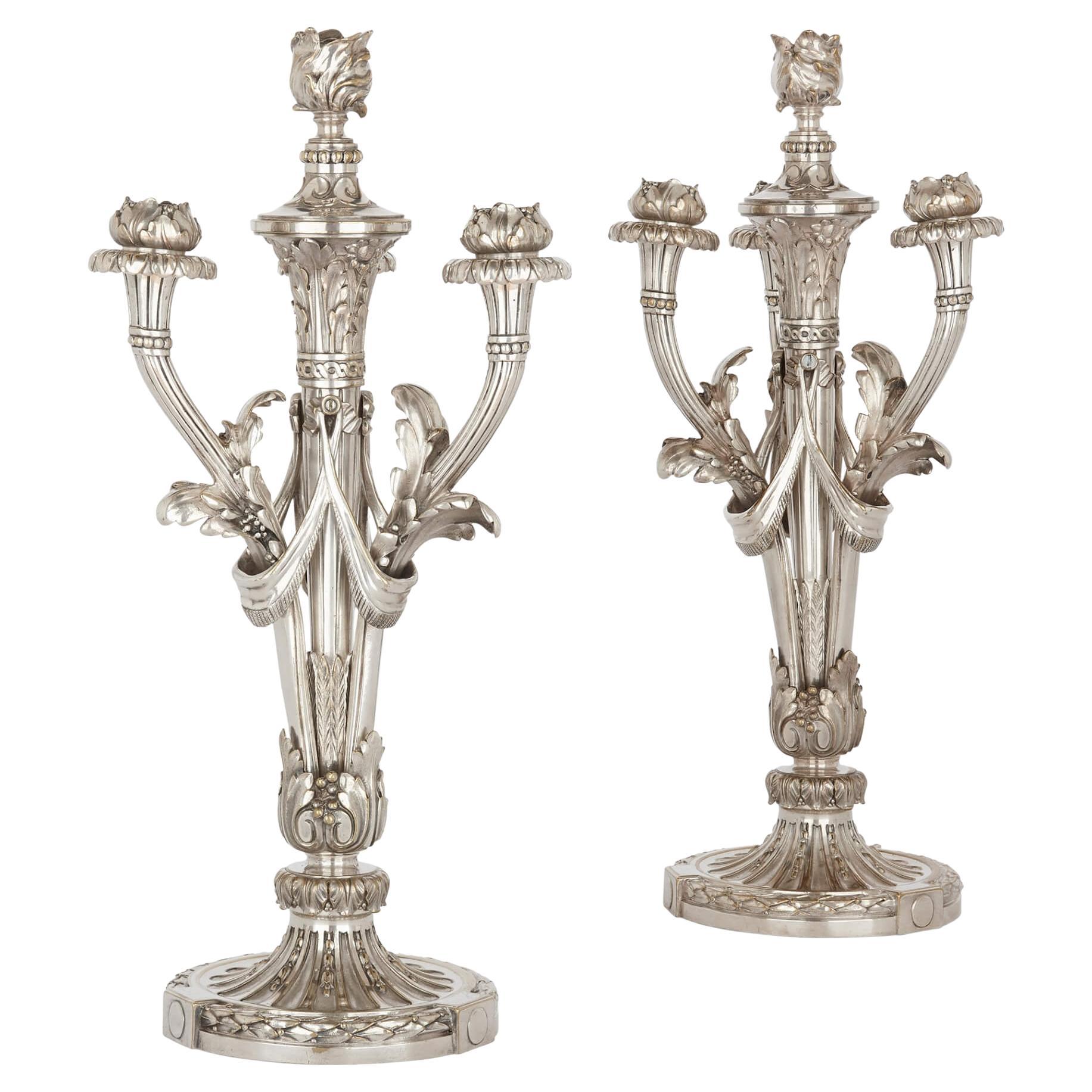 Pair of French Christofle Table Candelabra in Silvered Bronze