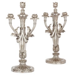 Pair of French Christofle Table Candelabra in Silvered Bronze
