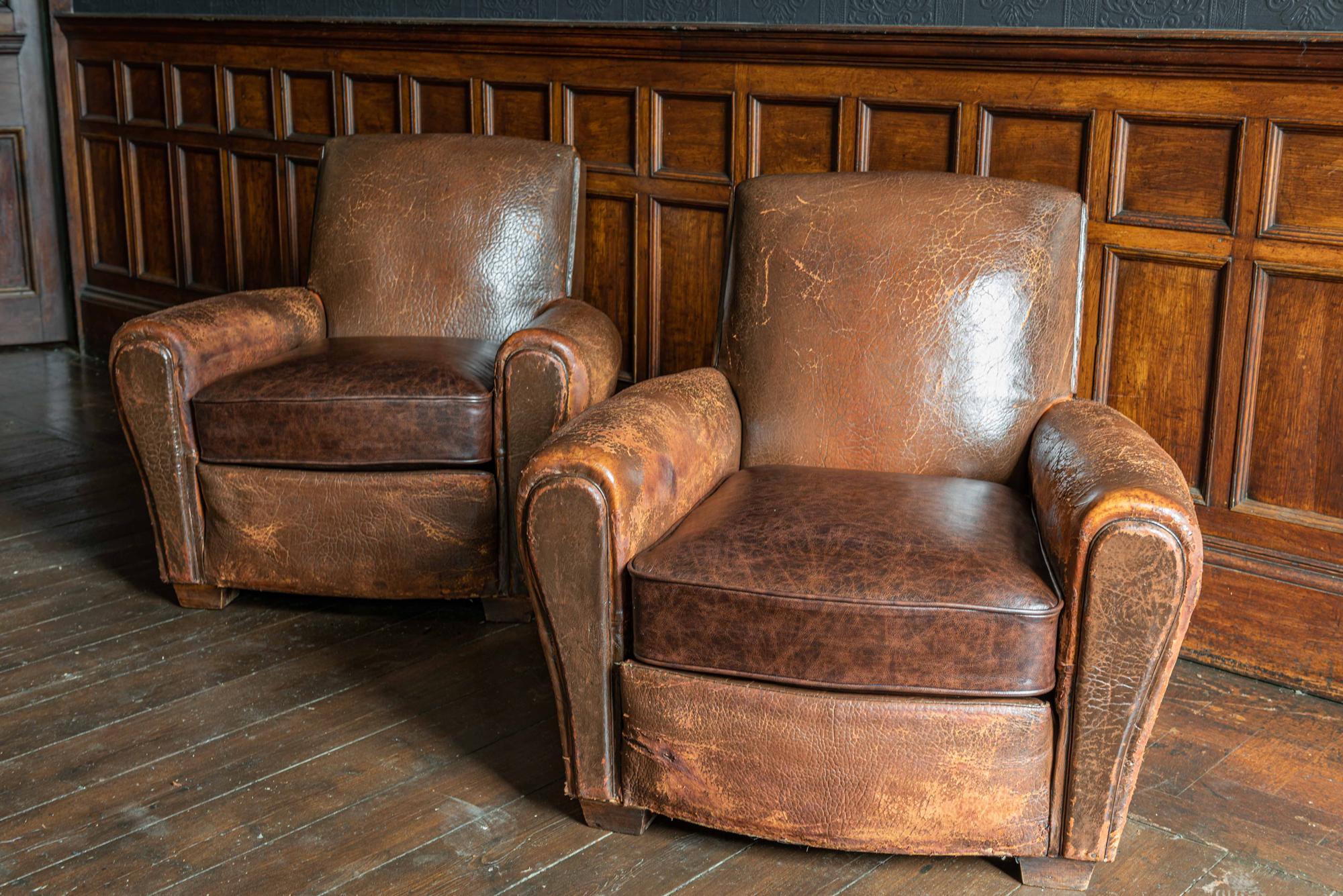 Pair of French Cigar Brown Leather Club Chairs, circa 1940 3