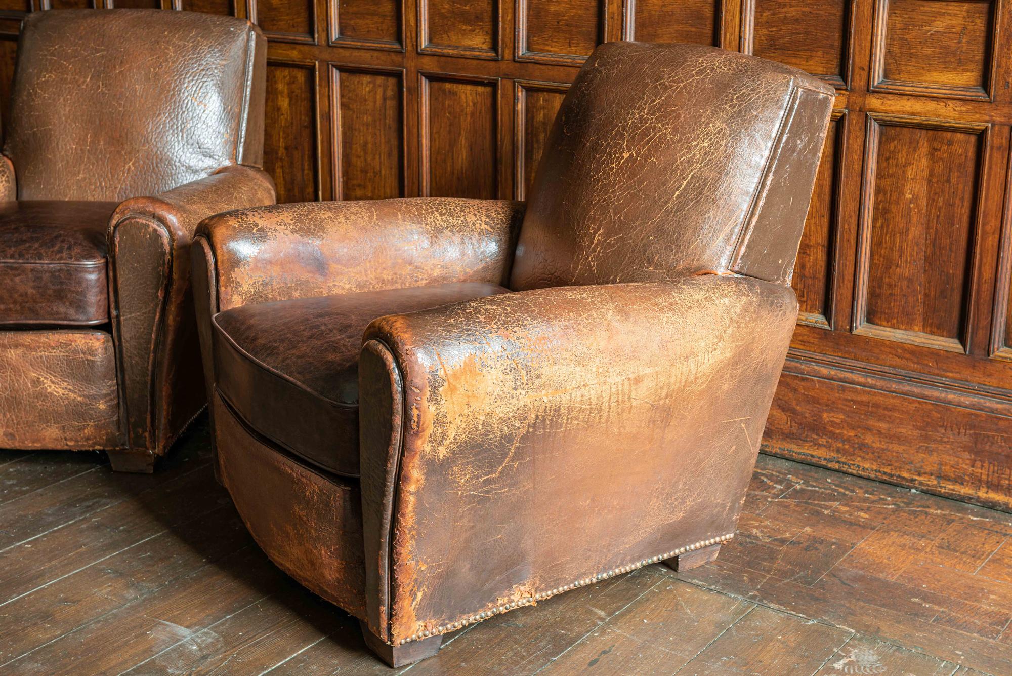 Pair of French Cigar Brown Leather Club Chairs, circa 1940 5