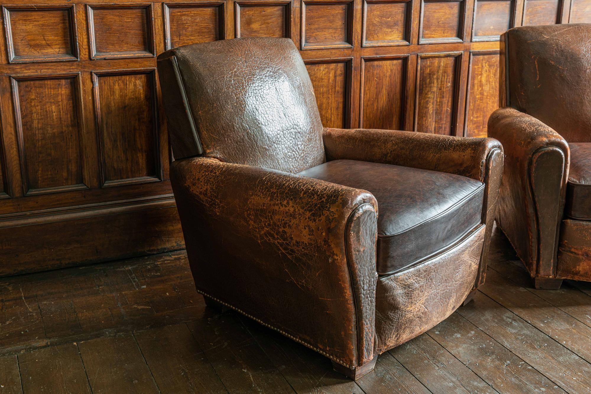 Pair of French Cigar Brown Leather Club Chairs, circa 1940 6