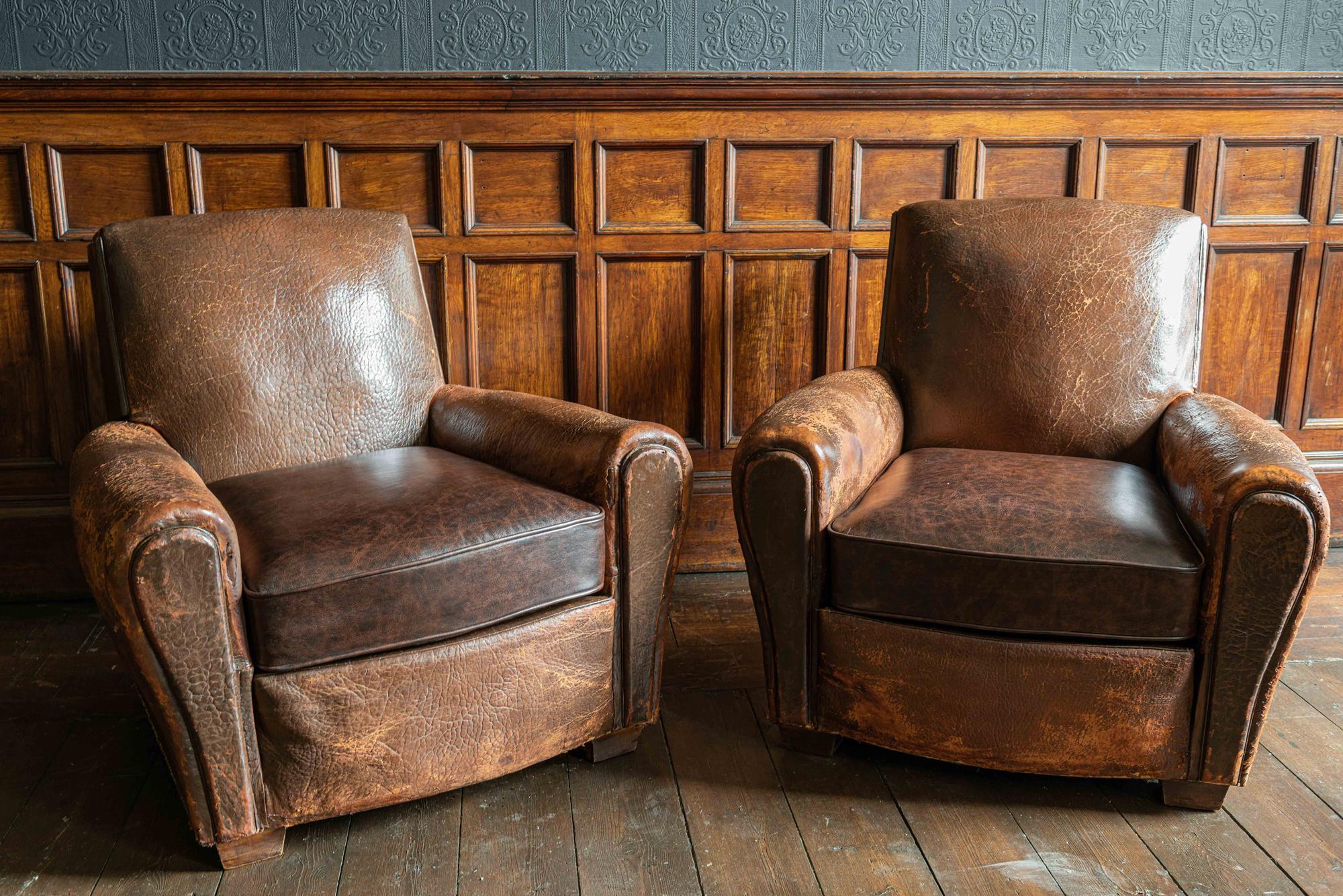 Pair of French Cigar Brown Leather Club Chairs, circa 1940 7