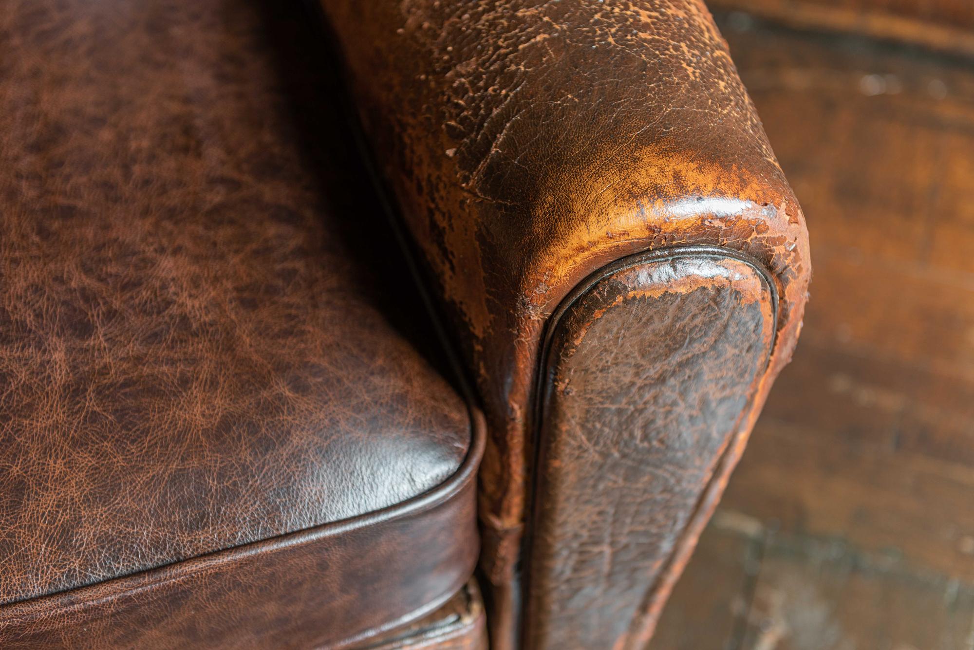 Pair of French Cigar Brown Leather Club Chairs, circa 1940 2