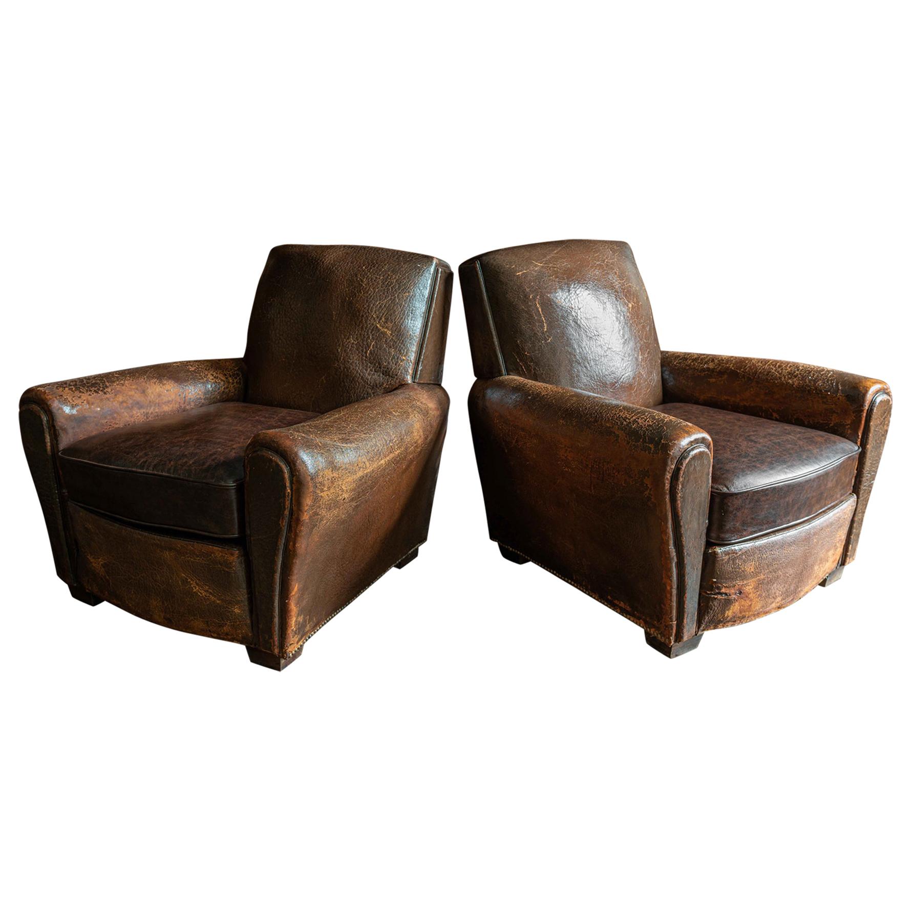 Pair of French Cigar Brown Leather Club Chairs, circa 1940