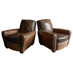 Antique Pair of French Cigar Brown Leather Club Chairs, circa 1940