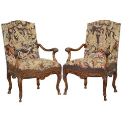 Pair of French circa 1850 Walnut Tapestry Embroidered Fauteuils Armchairs