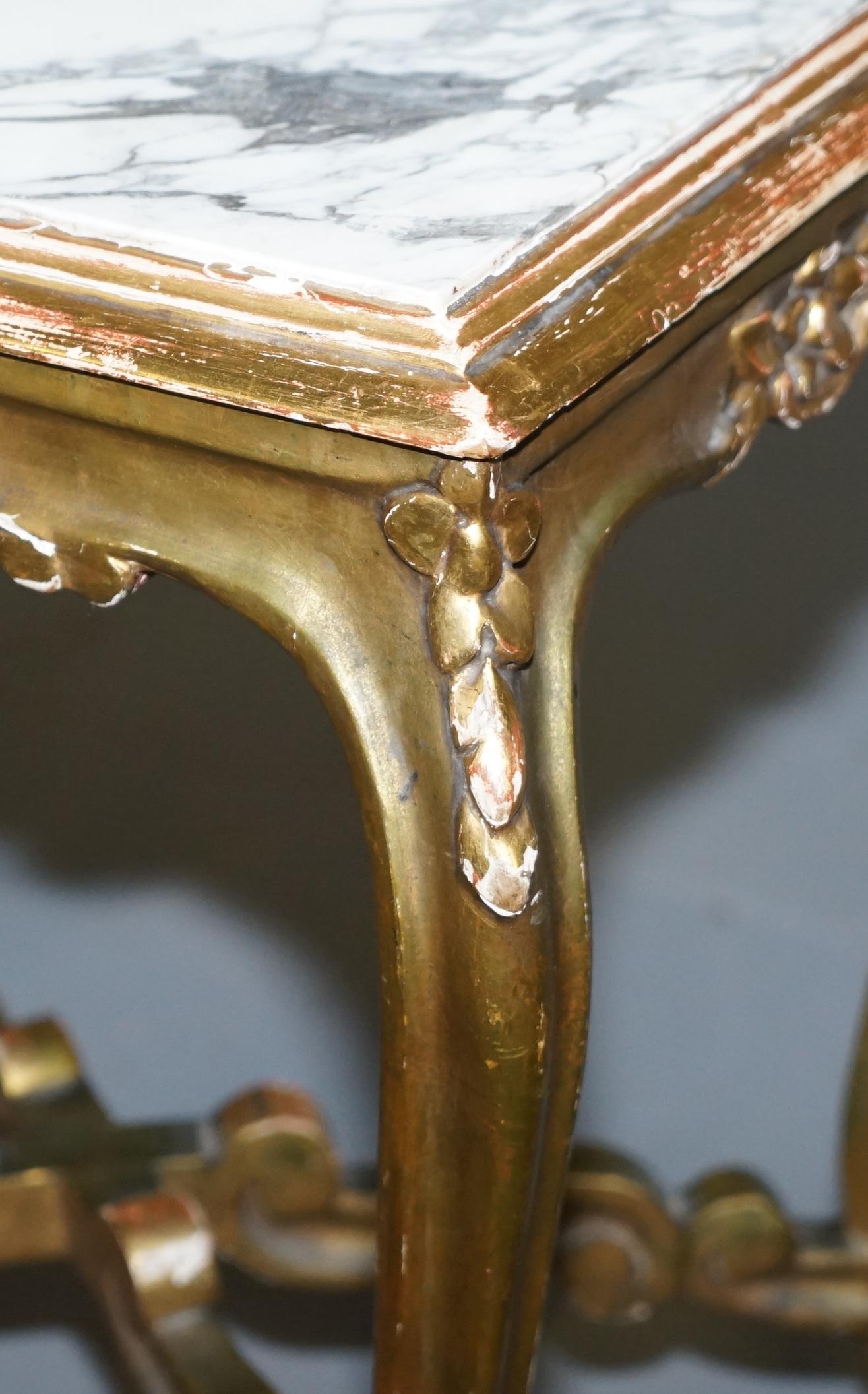 Pair of French circa 1860 Napoleon III Gold Giltwood Marble Topped Side Tables For Sale 5