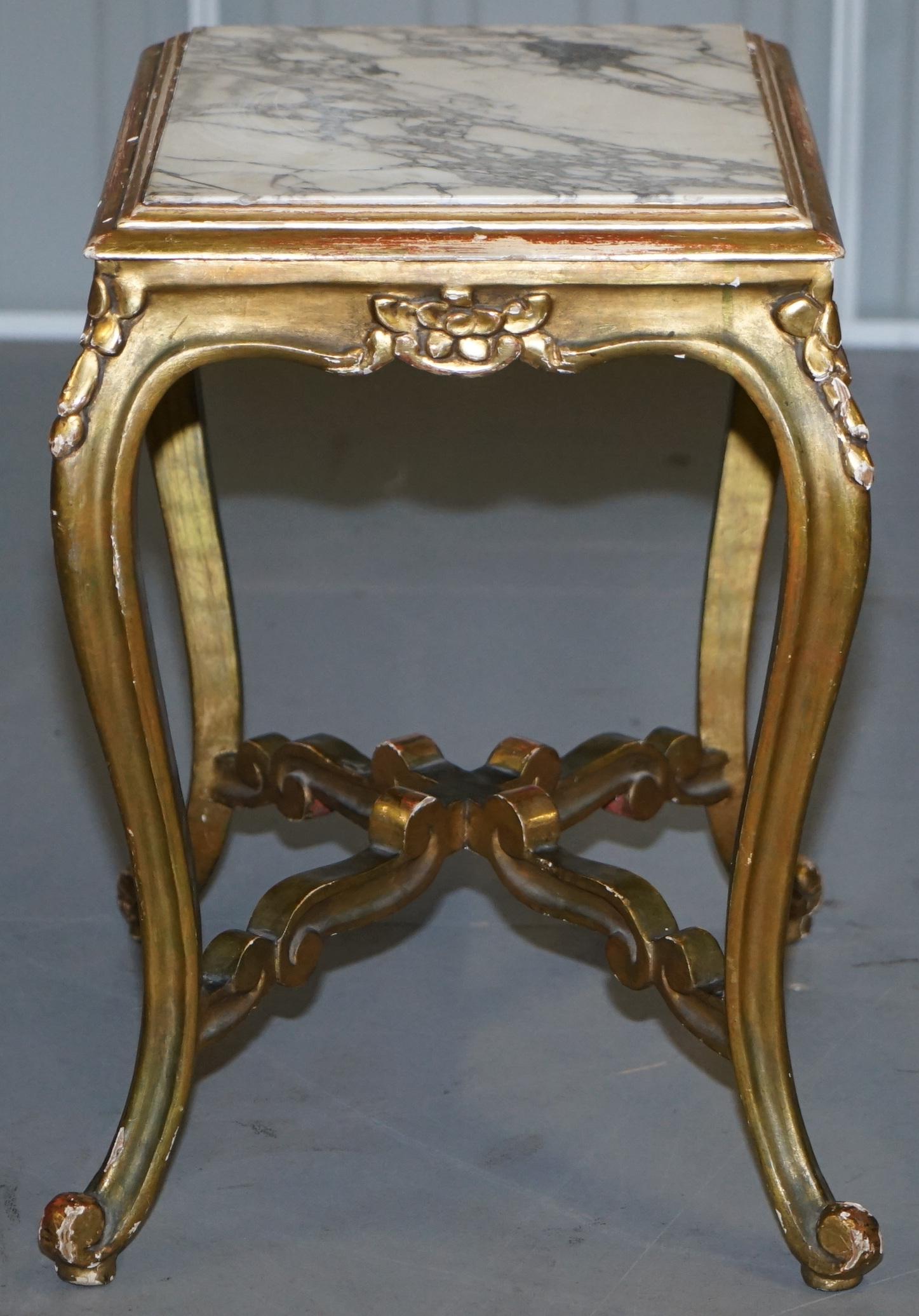 Pair of French circa 1860 Napoleon III Gold Giltwood Marble Topped Side Tables For Sale 6