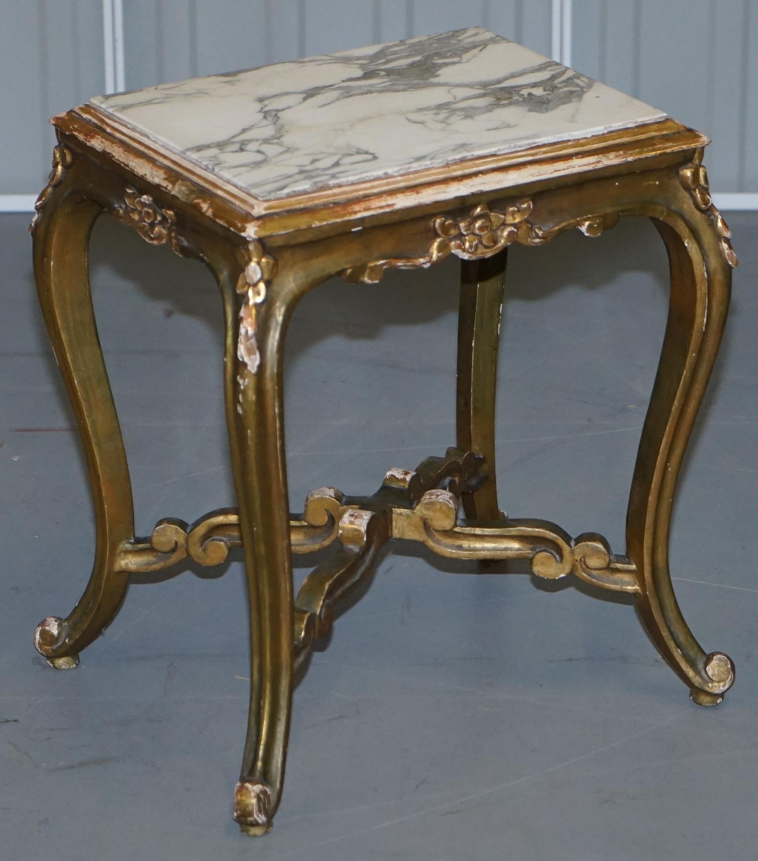 Pair of French circa 1860 Napoleon III Gold Giltwood Marble Topped Side Tables For Sale 7