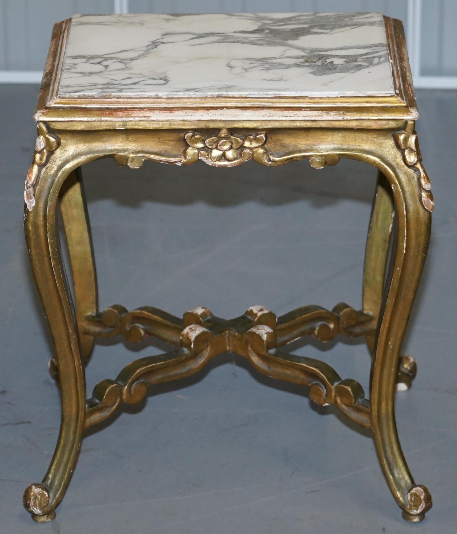 Pair of French circa 1860 Napoleon III Gold Giltwood Marble Topped Side Tables For Sale 8