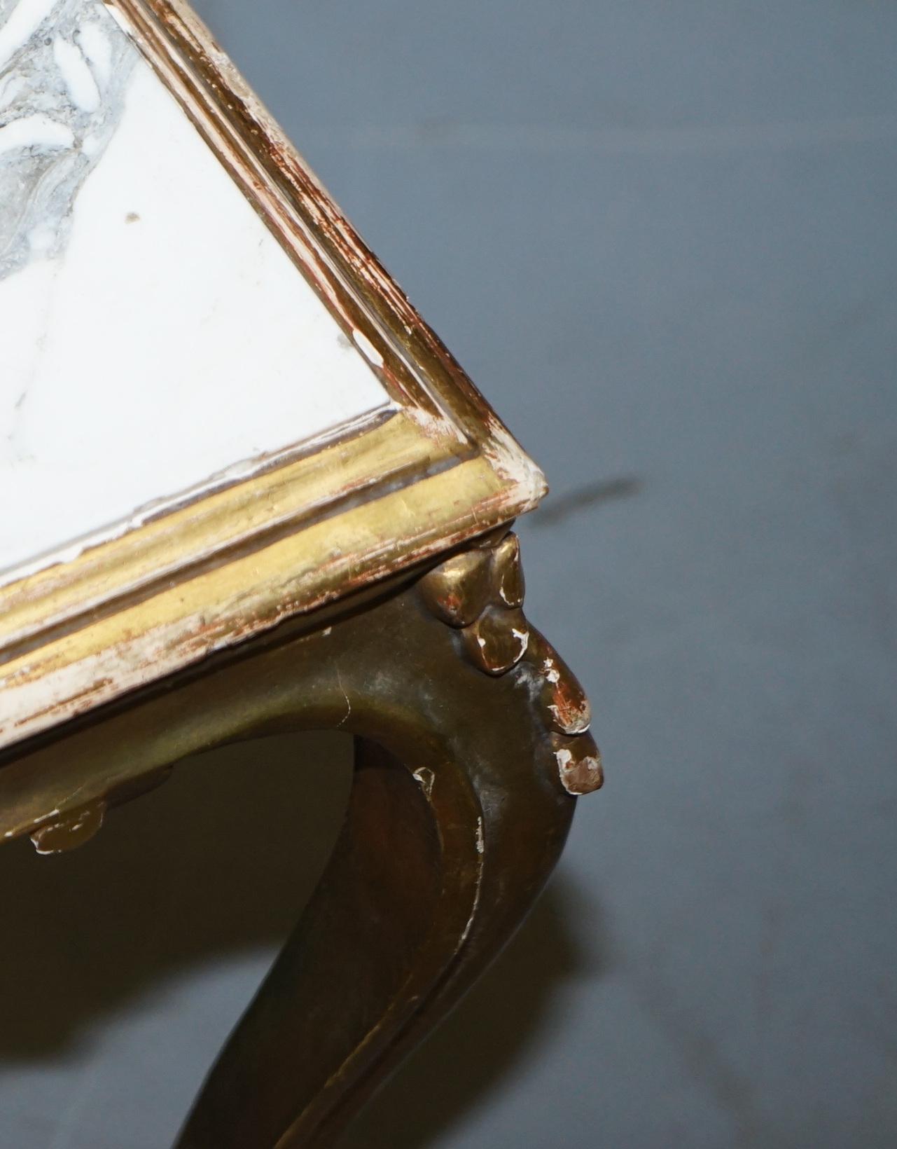 Pair of French circa 1860 Napoleon III Gold Giltwood Marble Topped Side Tables For Sale 12