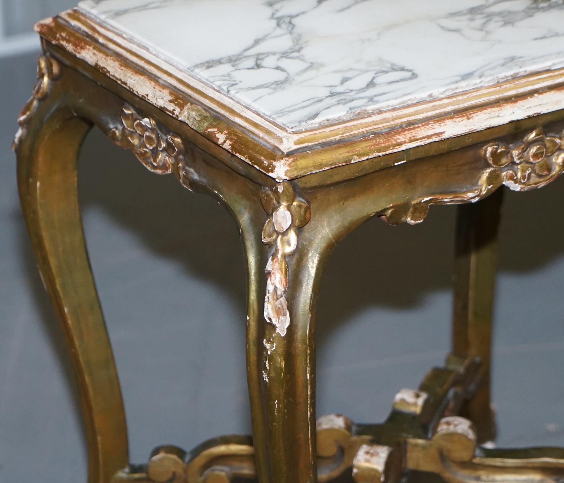 Pair of French circa 1860 Napoleon III Gold Giltwood Marble Topped Side Tables For Sale 13