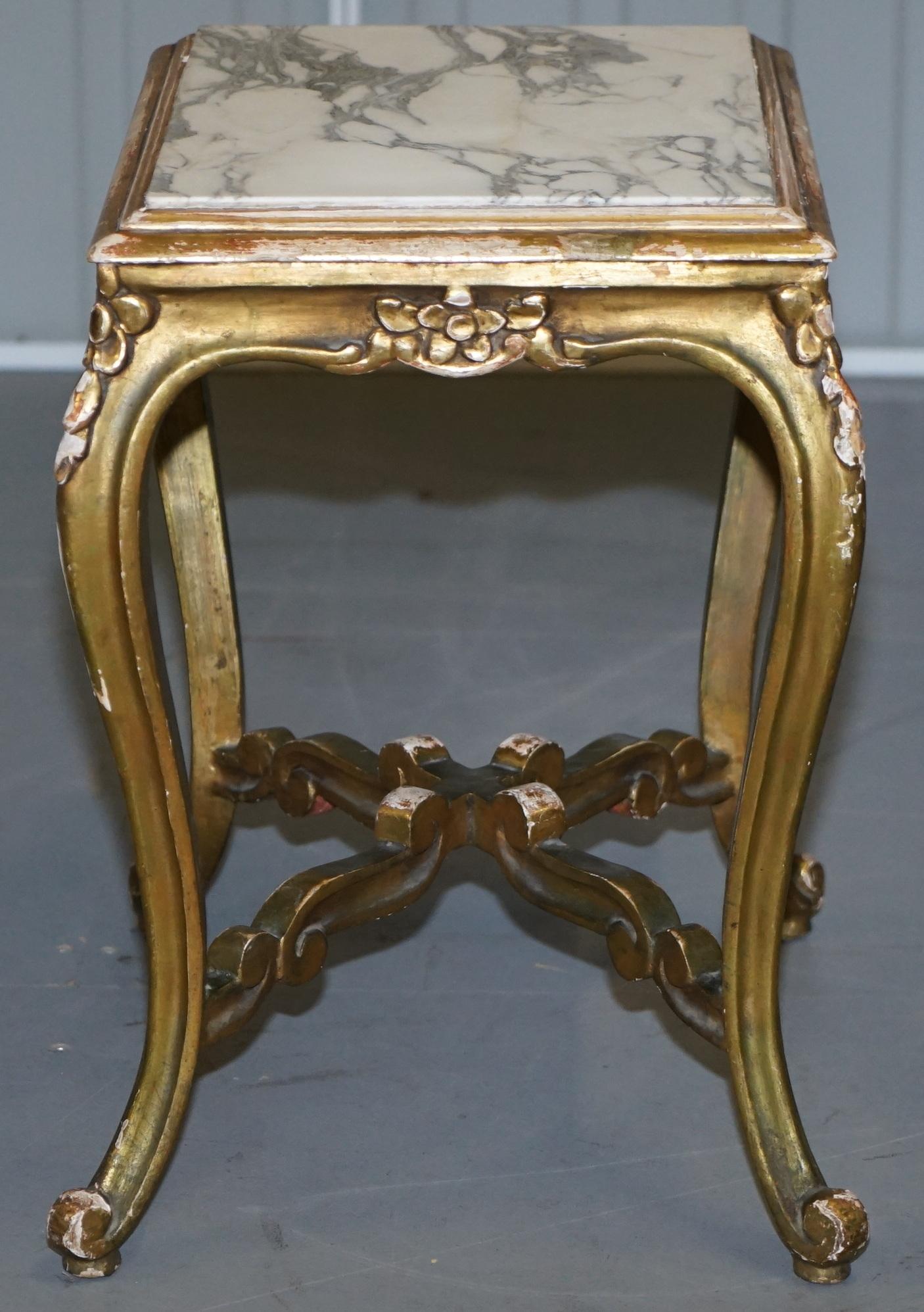 Pair of French circa 1860 Napoleon III Gold Giltwood Marble Topped Side Tables For Sale 14